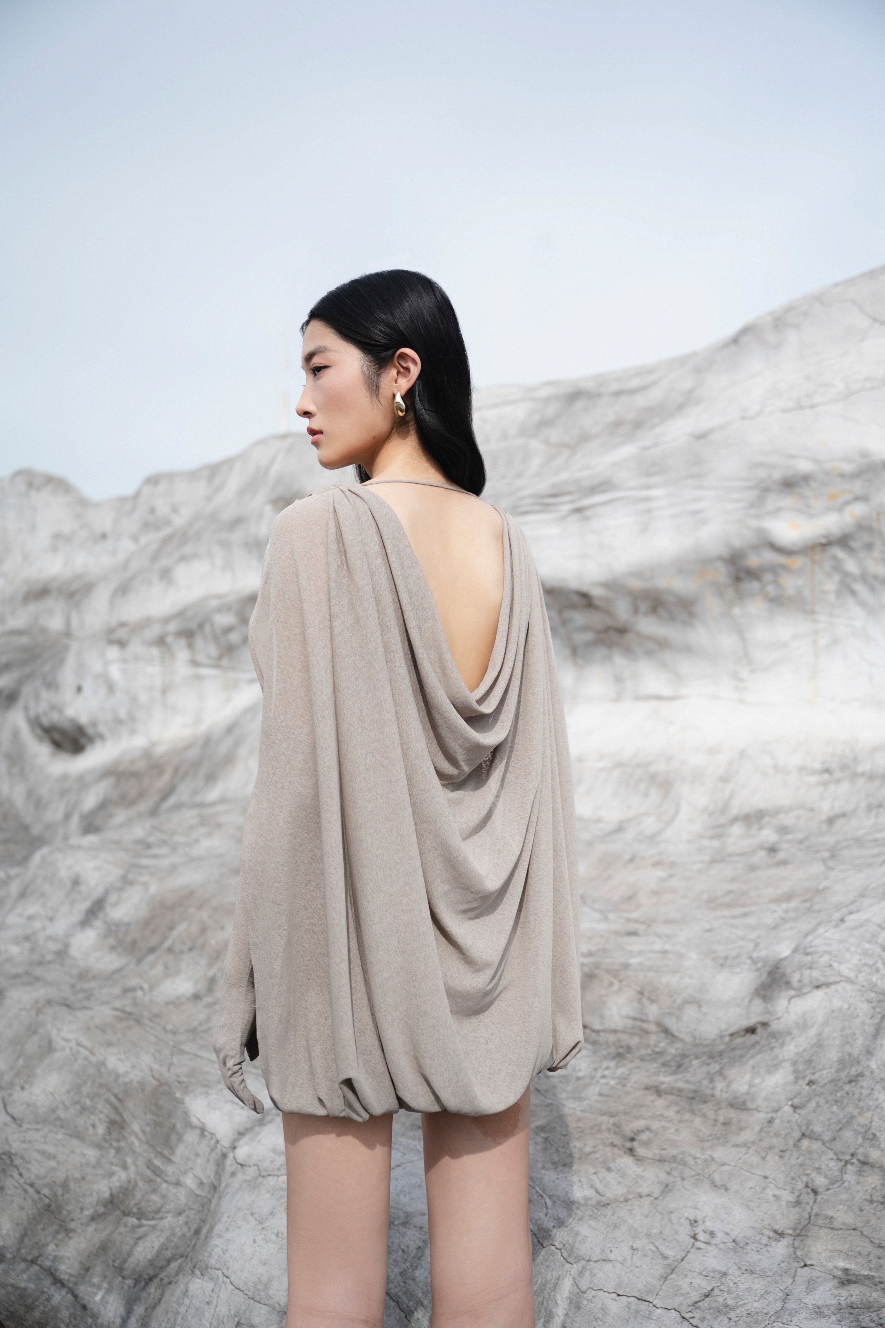 Grey Draped Cape Sleeve Dress