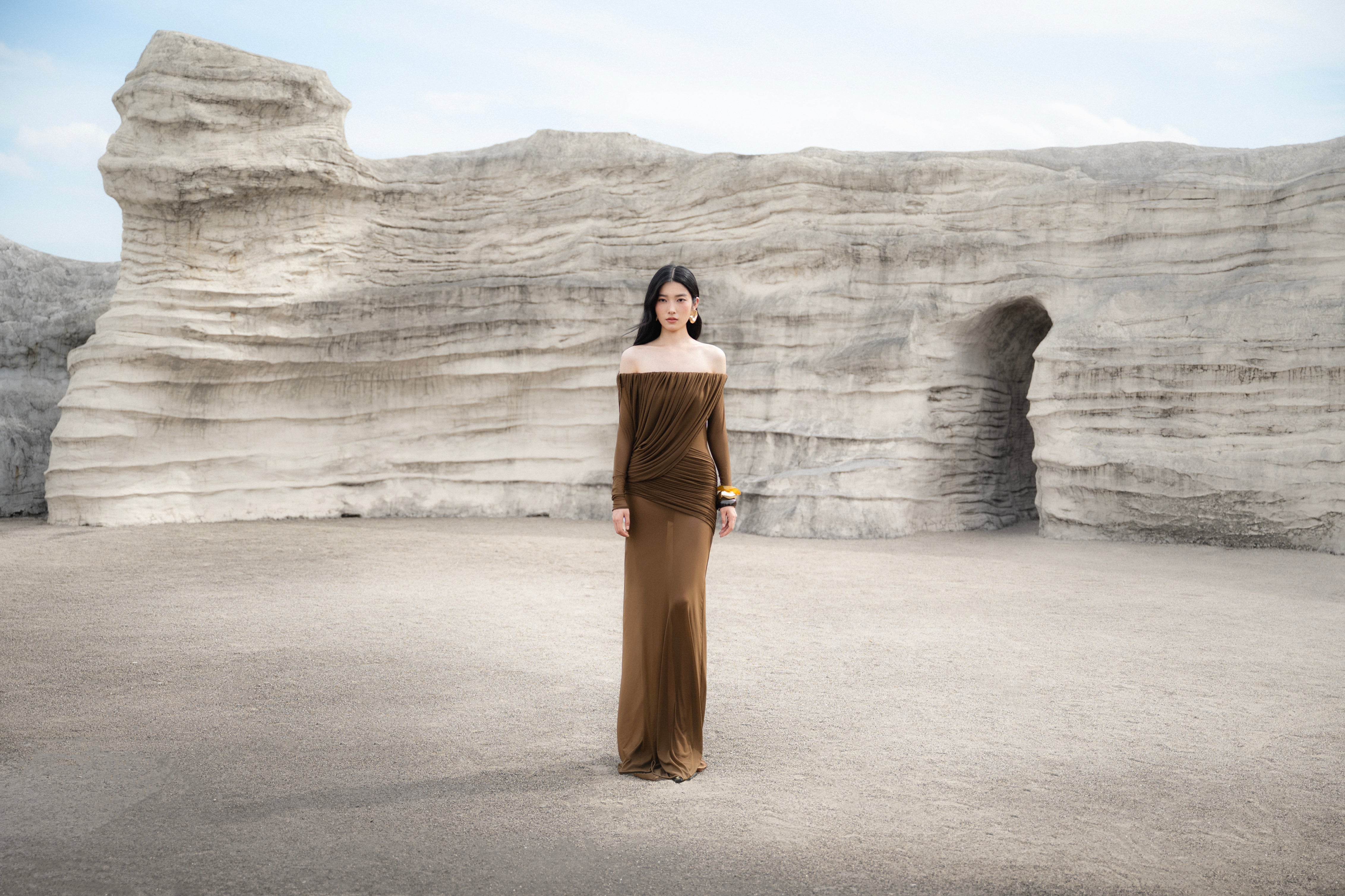 Off-Shoulder Draped Mesh Dress