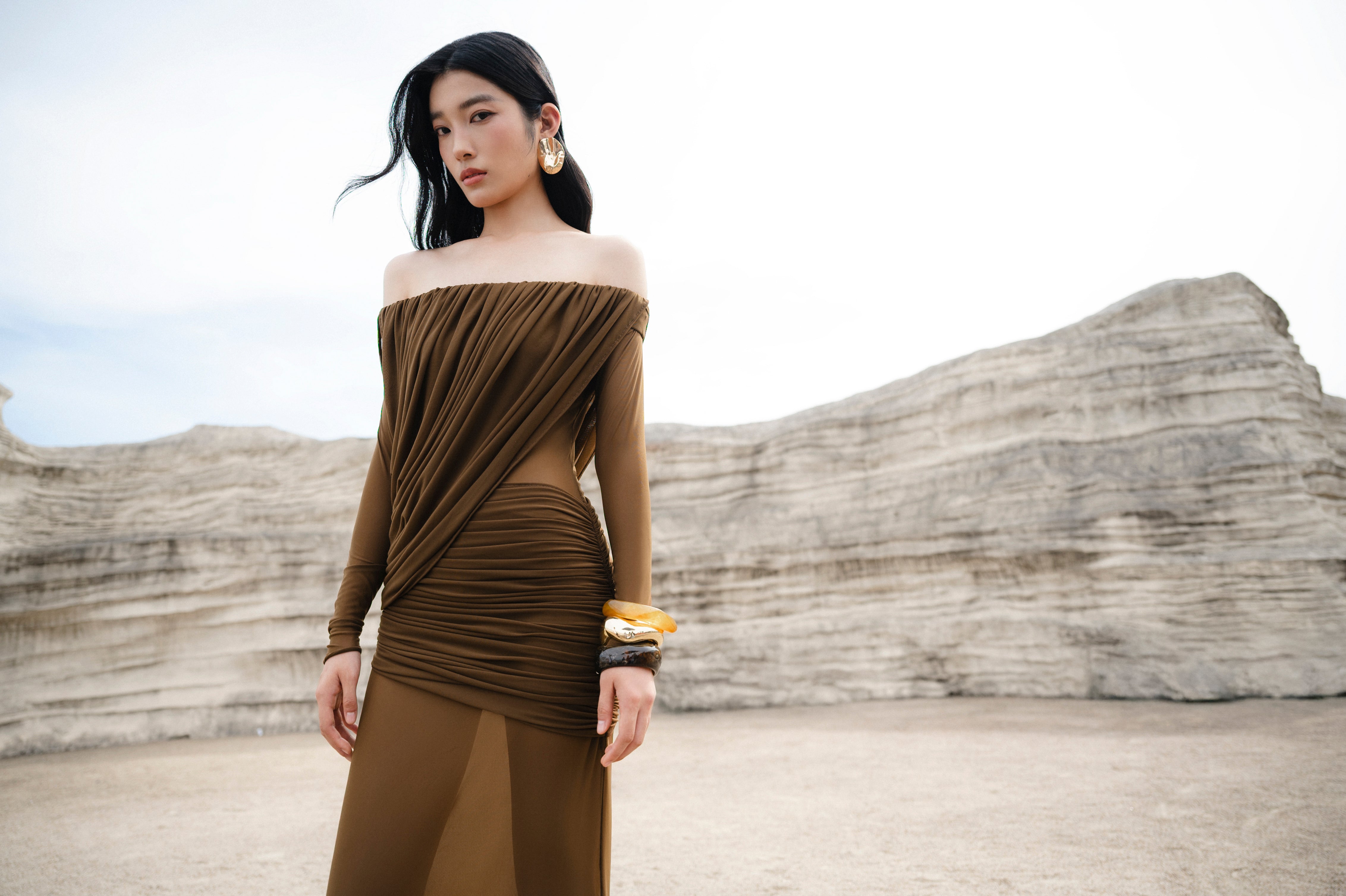 Off-Shoulder Draped Mesh Dress