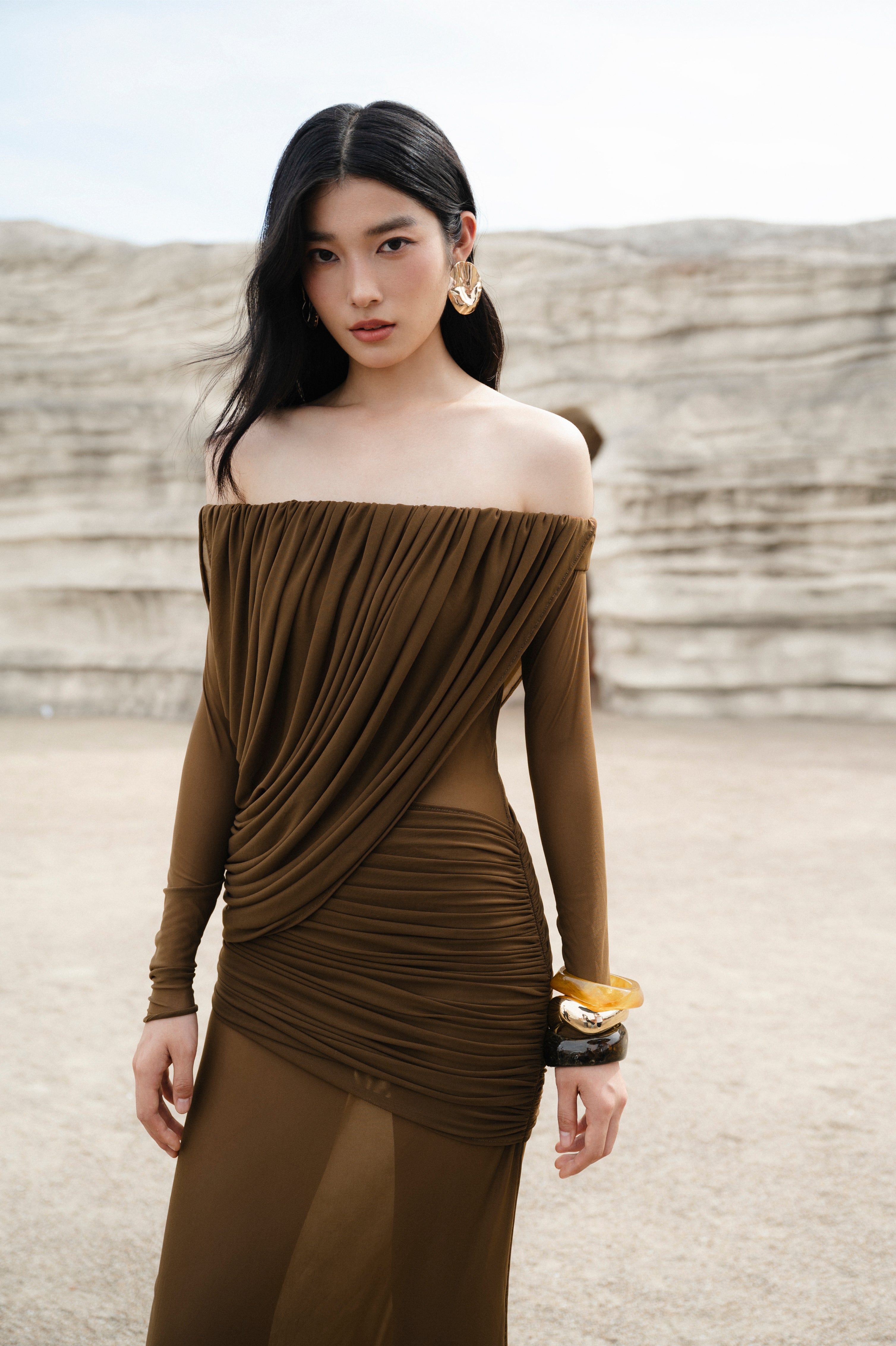 Off-Shoulder Draped Mesh Dress