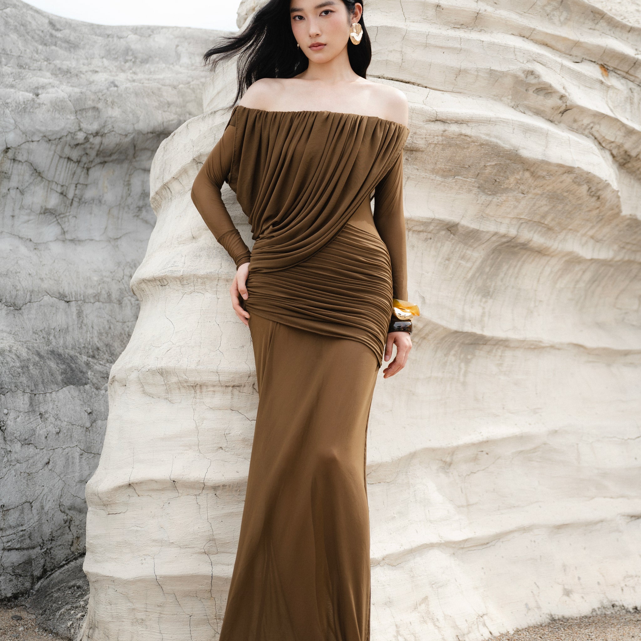 Off-Shoulder Draped Mesh Dress