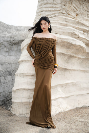 Off-Shoulder Draped Mesh Dress