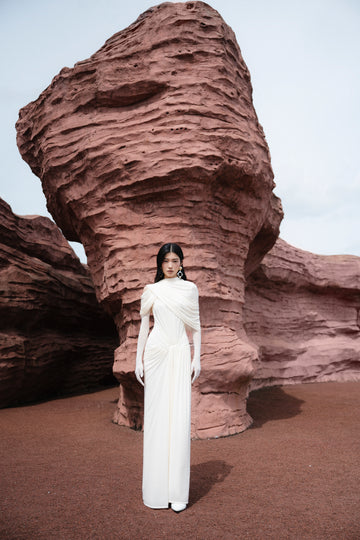 (PRE-ORDER)Draped Mesh Ruched Shoulder-Wrap Dress