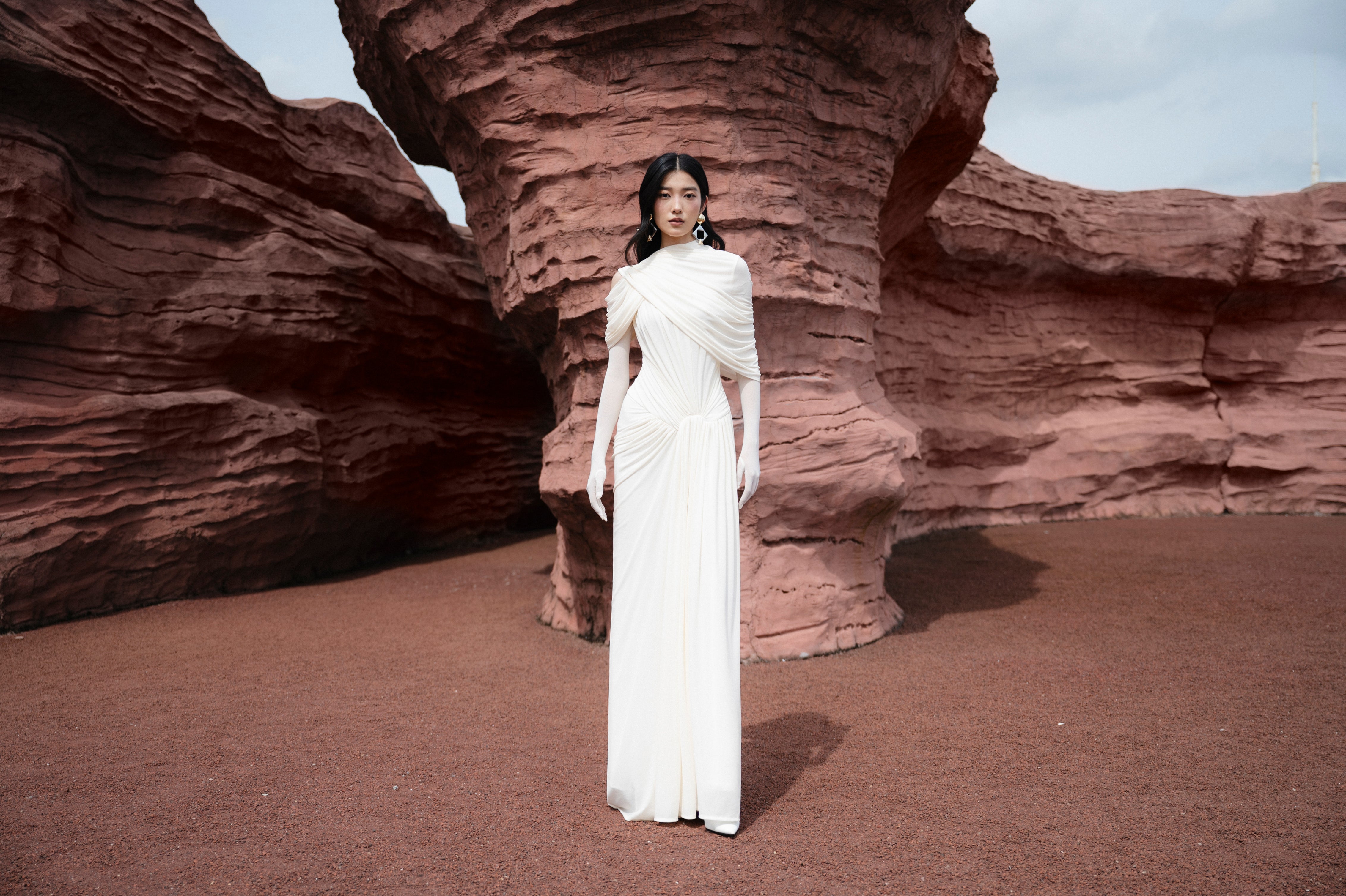 (PRE-ORDER)Draped Mesh Ruched Shoulder-Wrap Dress