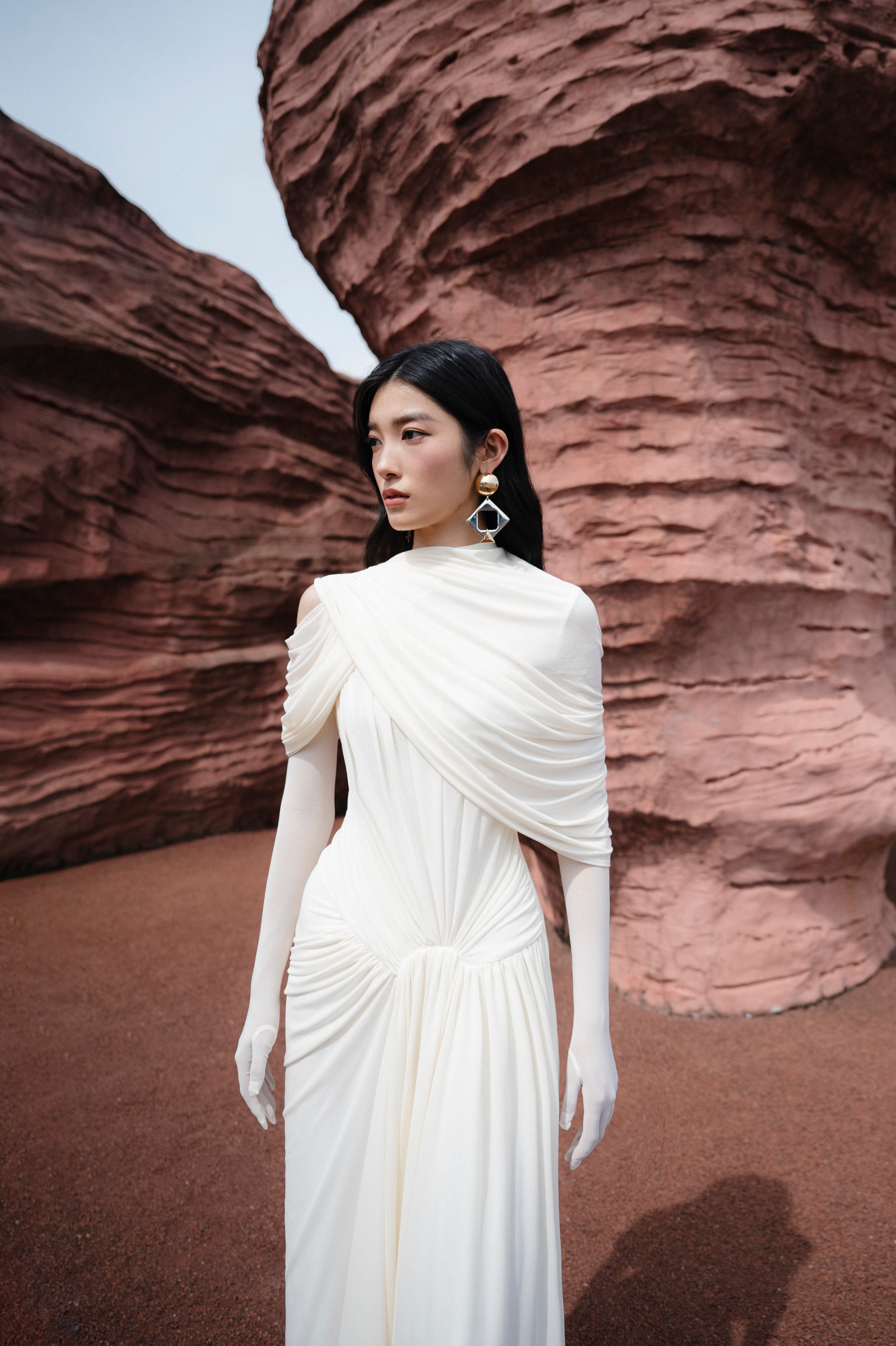 (PRE-ORDER) Draped Mesh Ruched Shoulder-Wrap Dress