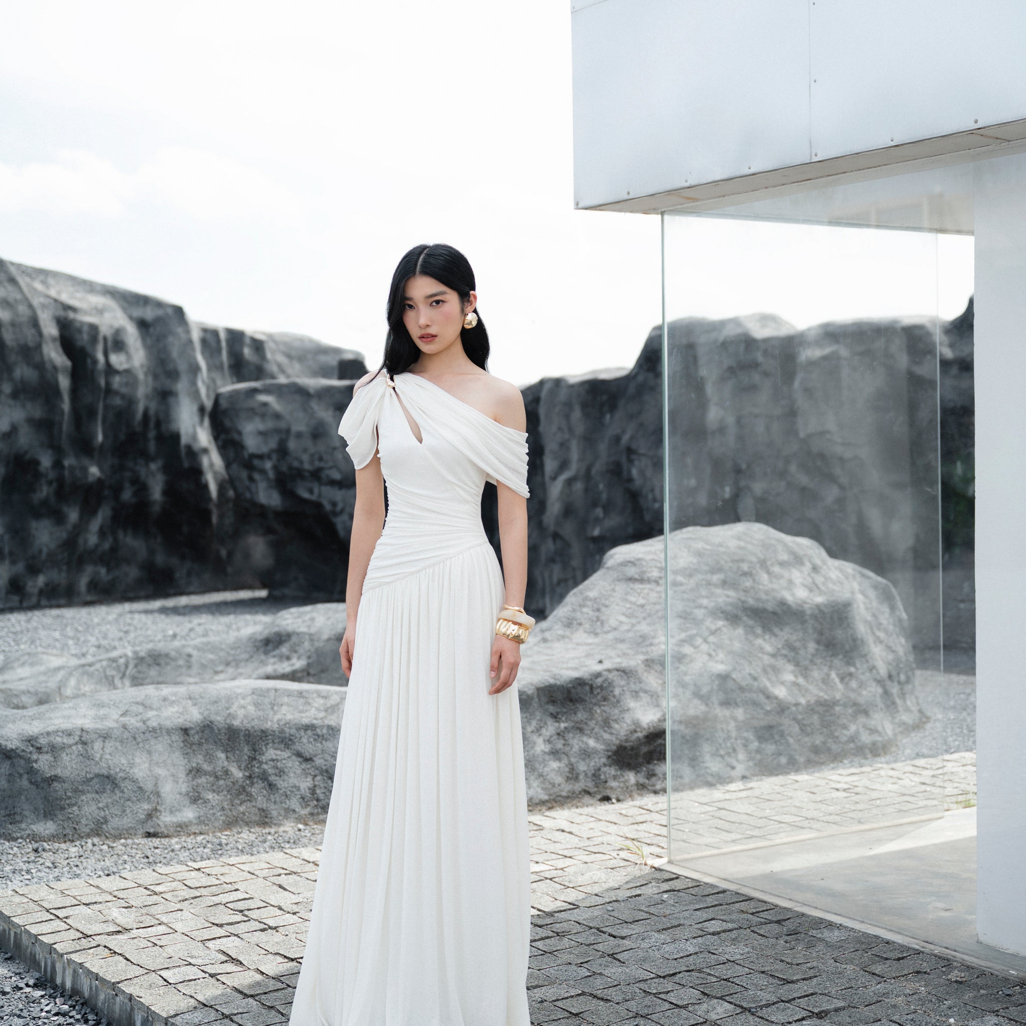 Pleated Draped Shoulder Dress