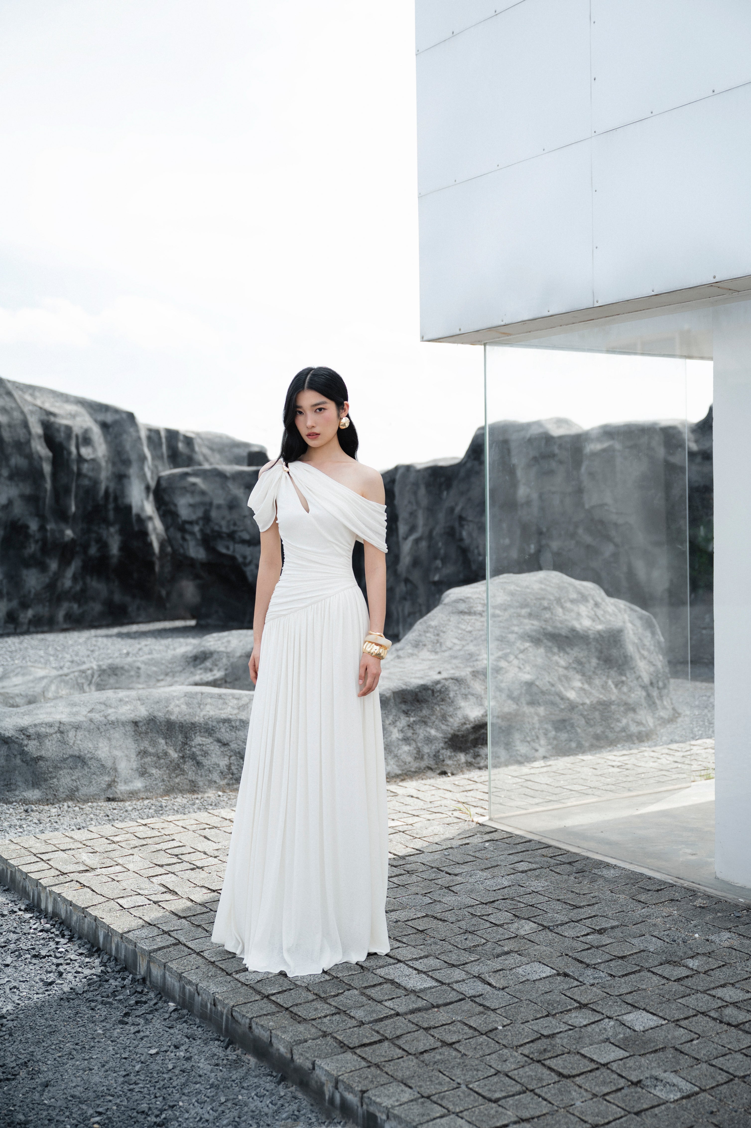 Pleated Draped Shoulder Dress