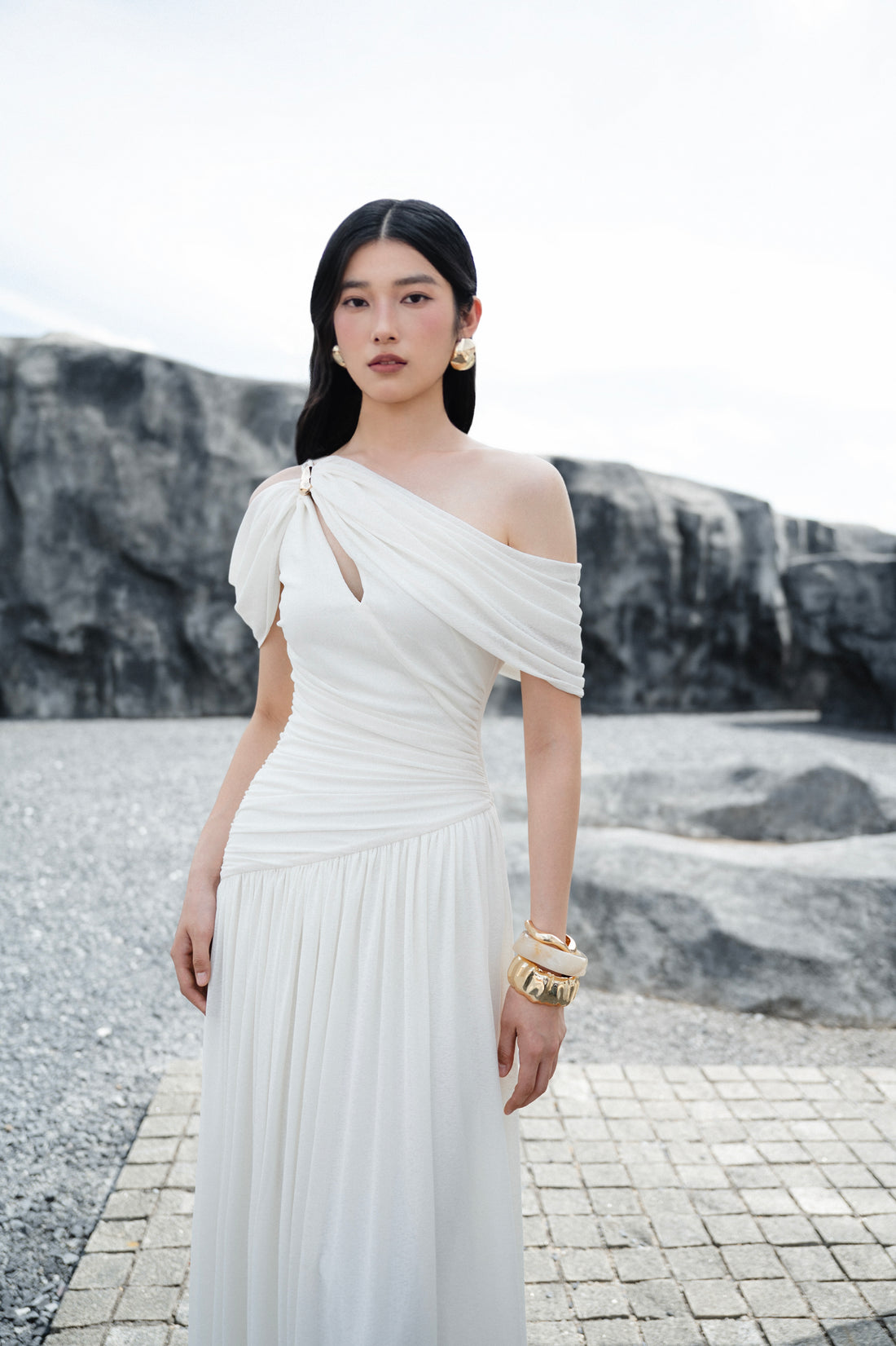 Pleated Draped Shoulder Dress