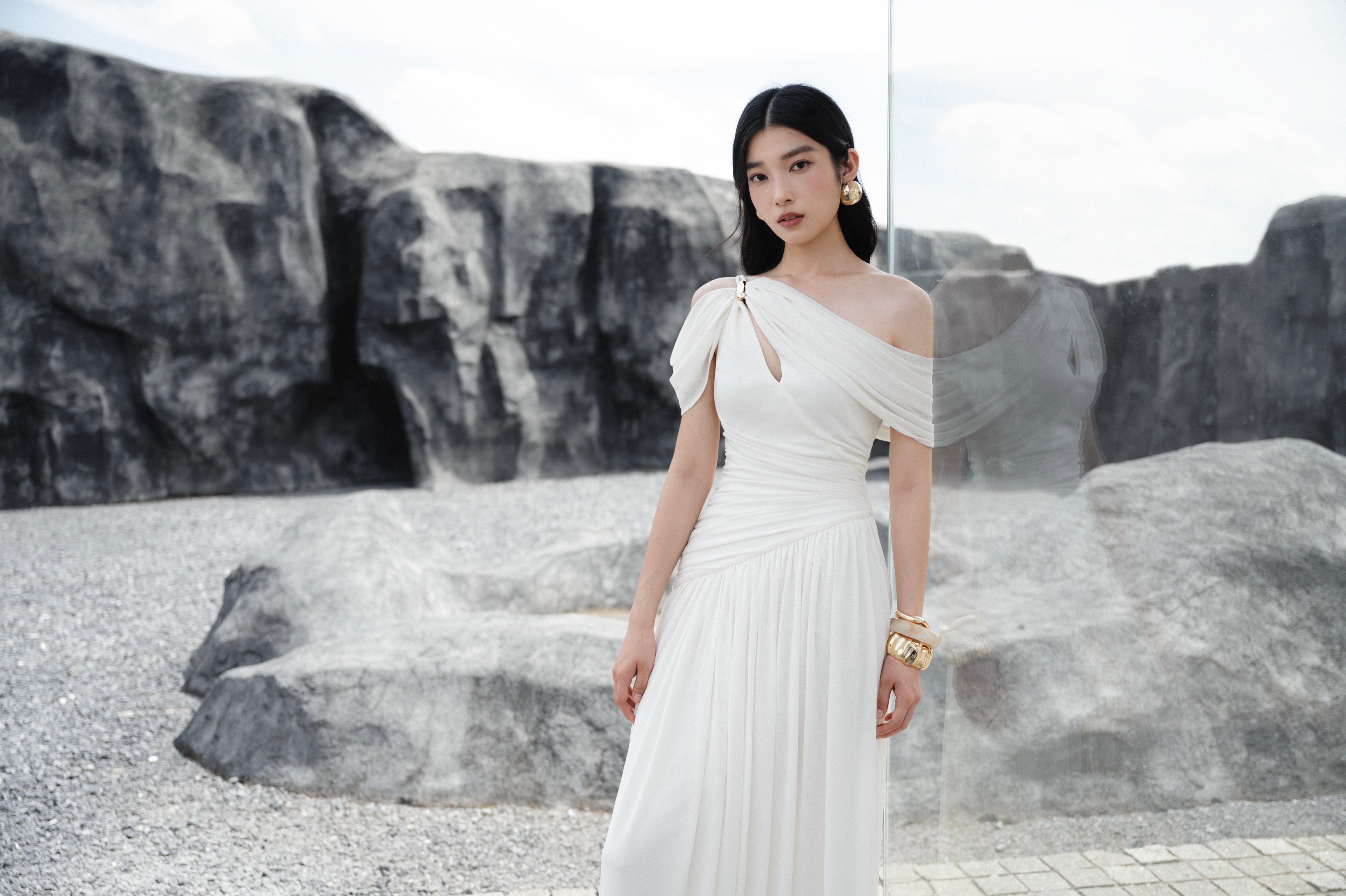 Pleated Draped Shoulder Dress