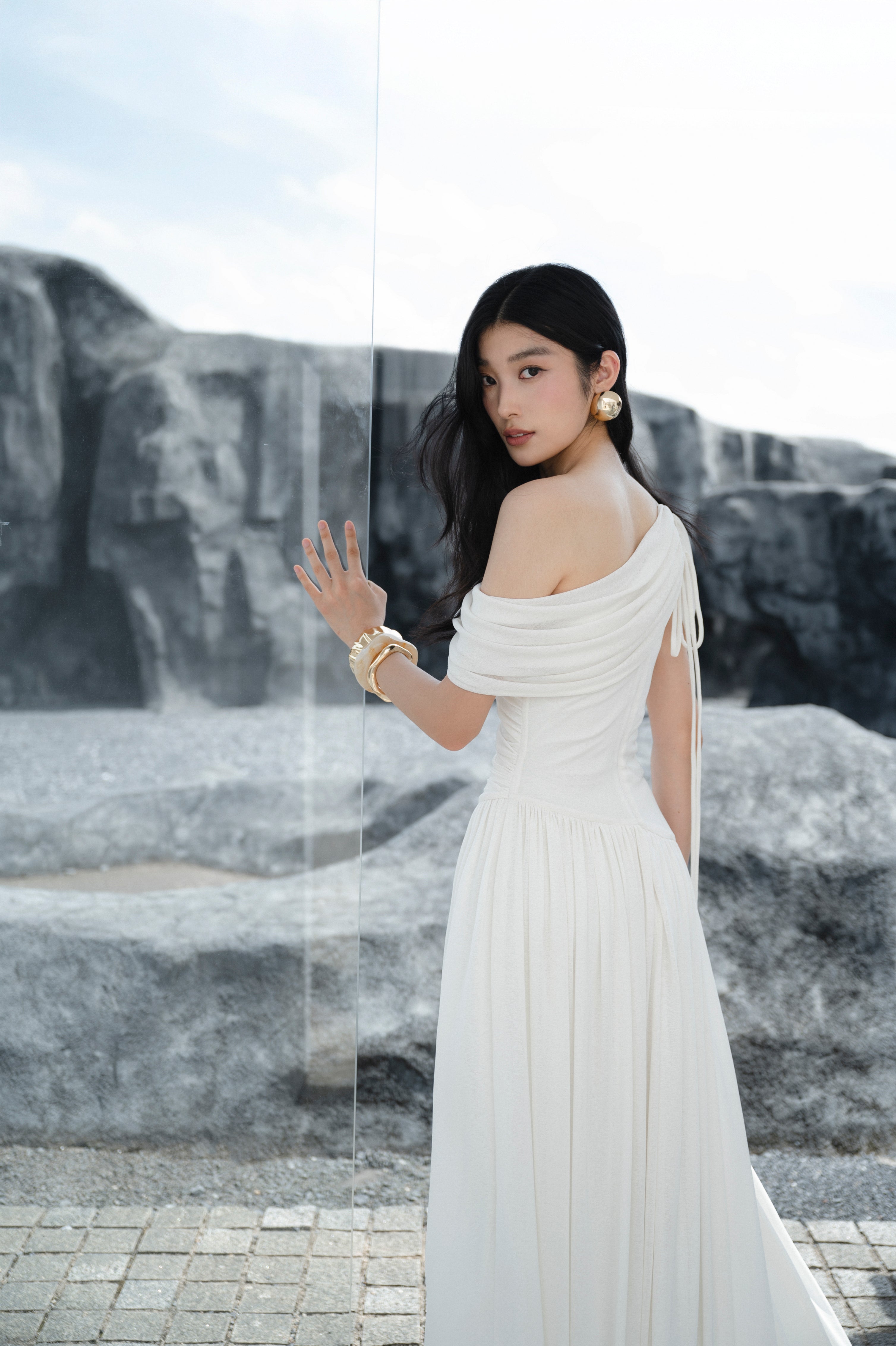 Pleated Draped Shoulder Dress
