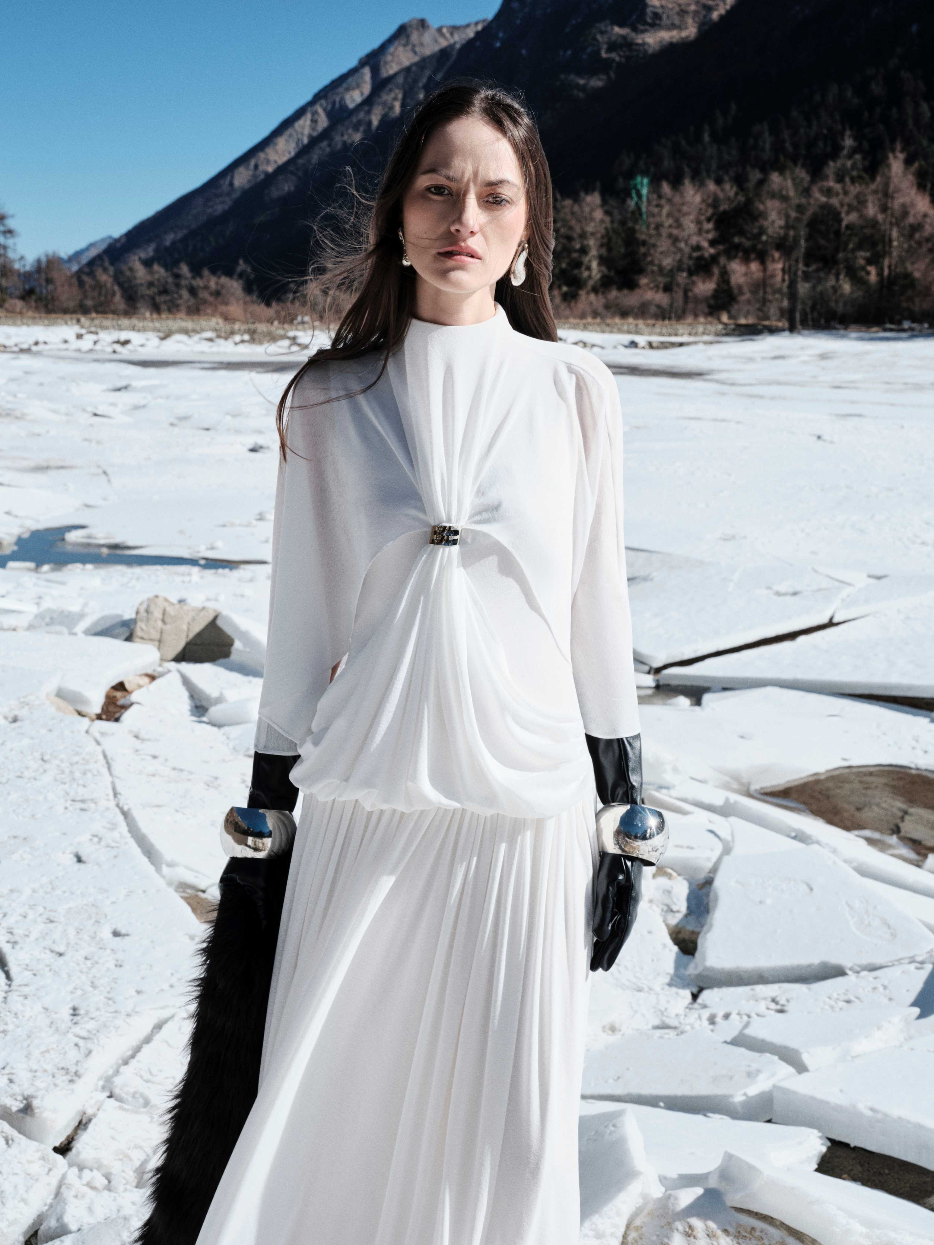 White Cape Dress With Silver Knot