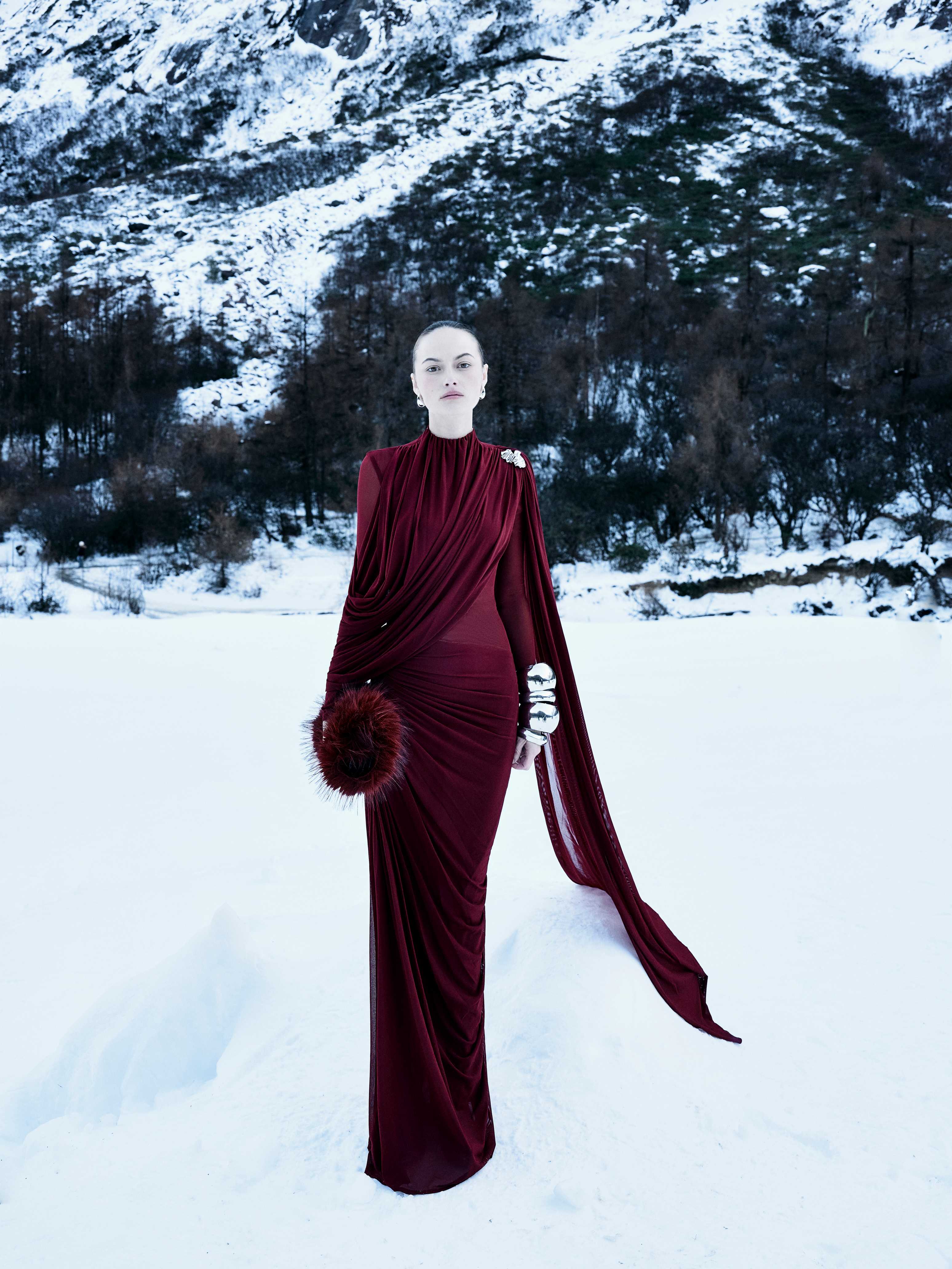 High-Neck Draped Pleated Dress With Asymmetric Ruched Long Drape