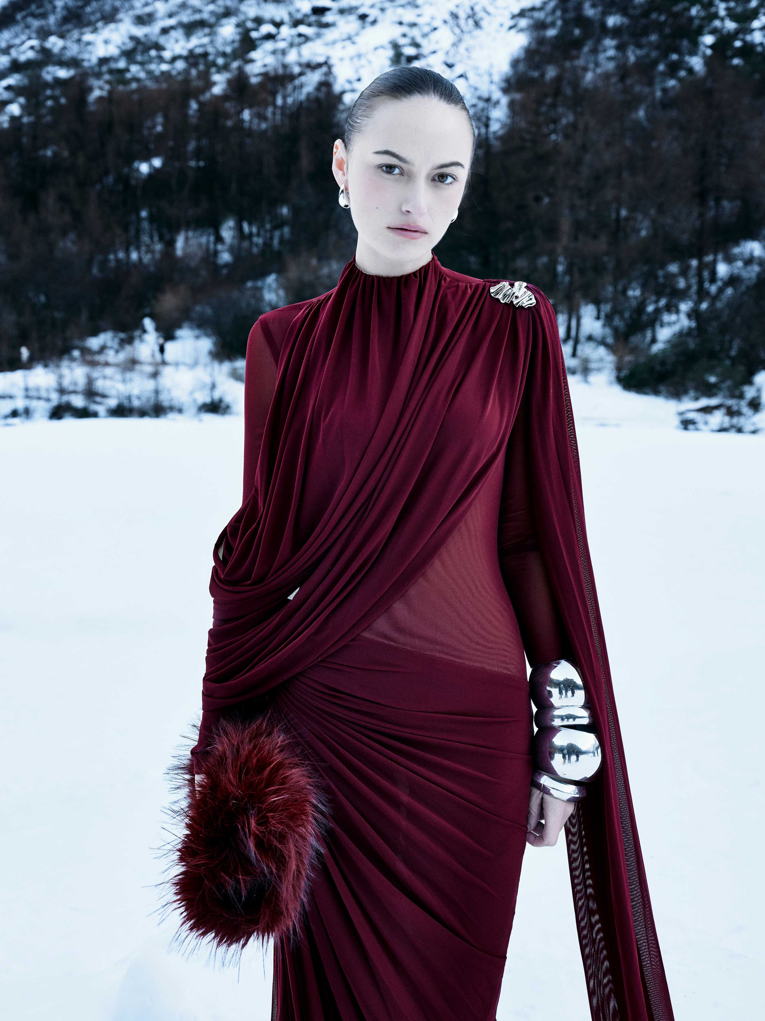 High-Neck Draped Pleated Dress With Asymmetric Ruched Long Drape