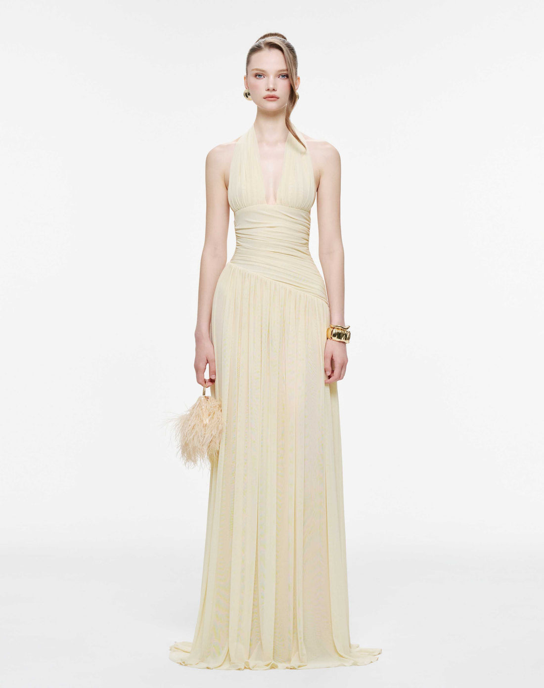 Ruched Stretch Mesh Maxi Dress With Neck Bow