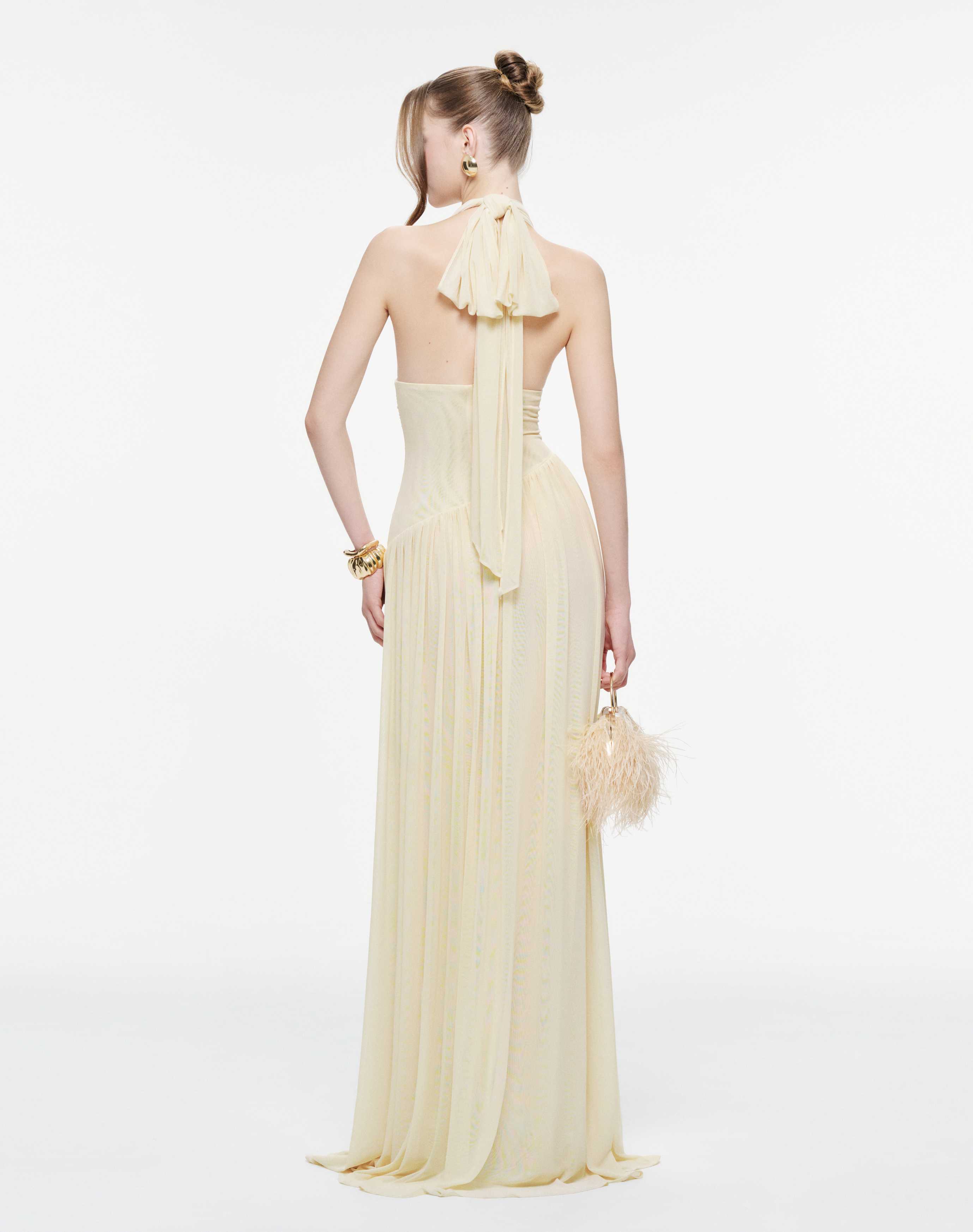Ruched Stretch Mesh Maxi Dress With Neck Bow