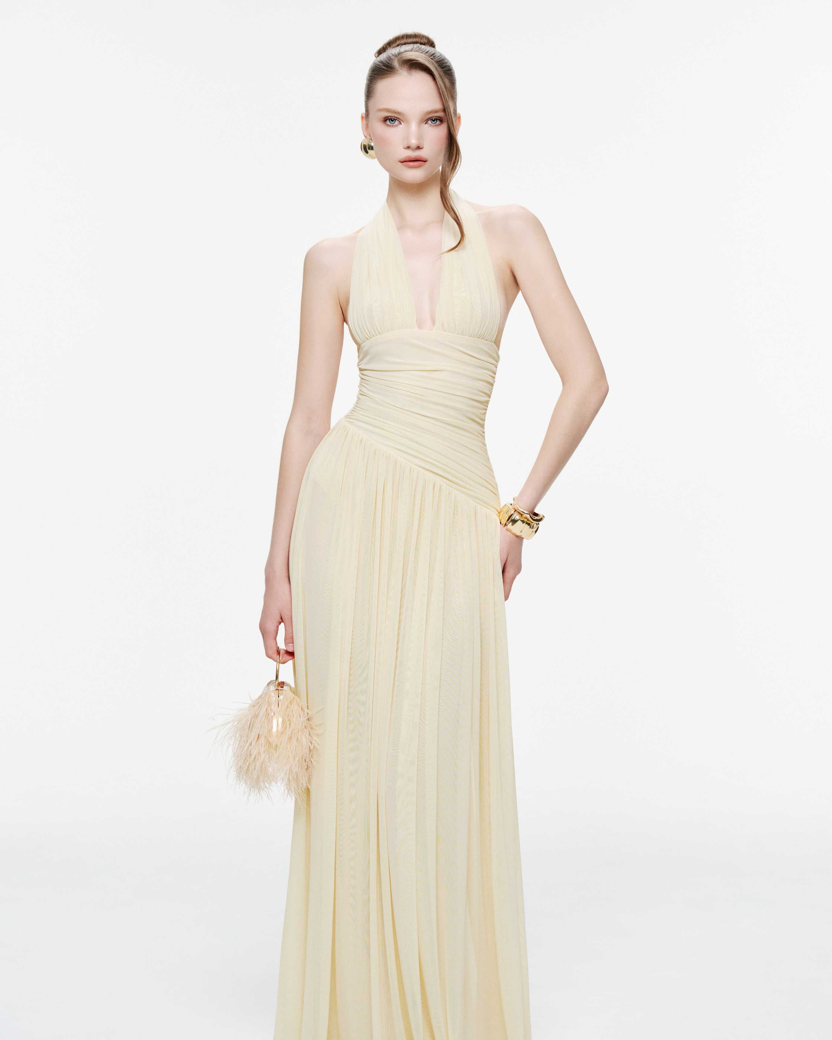 Ruched Stretch Mesh Maxi Dress With Neck Bow