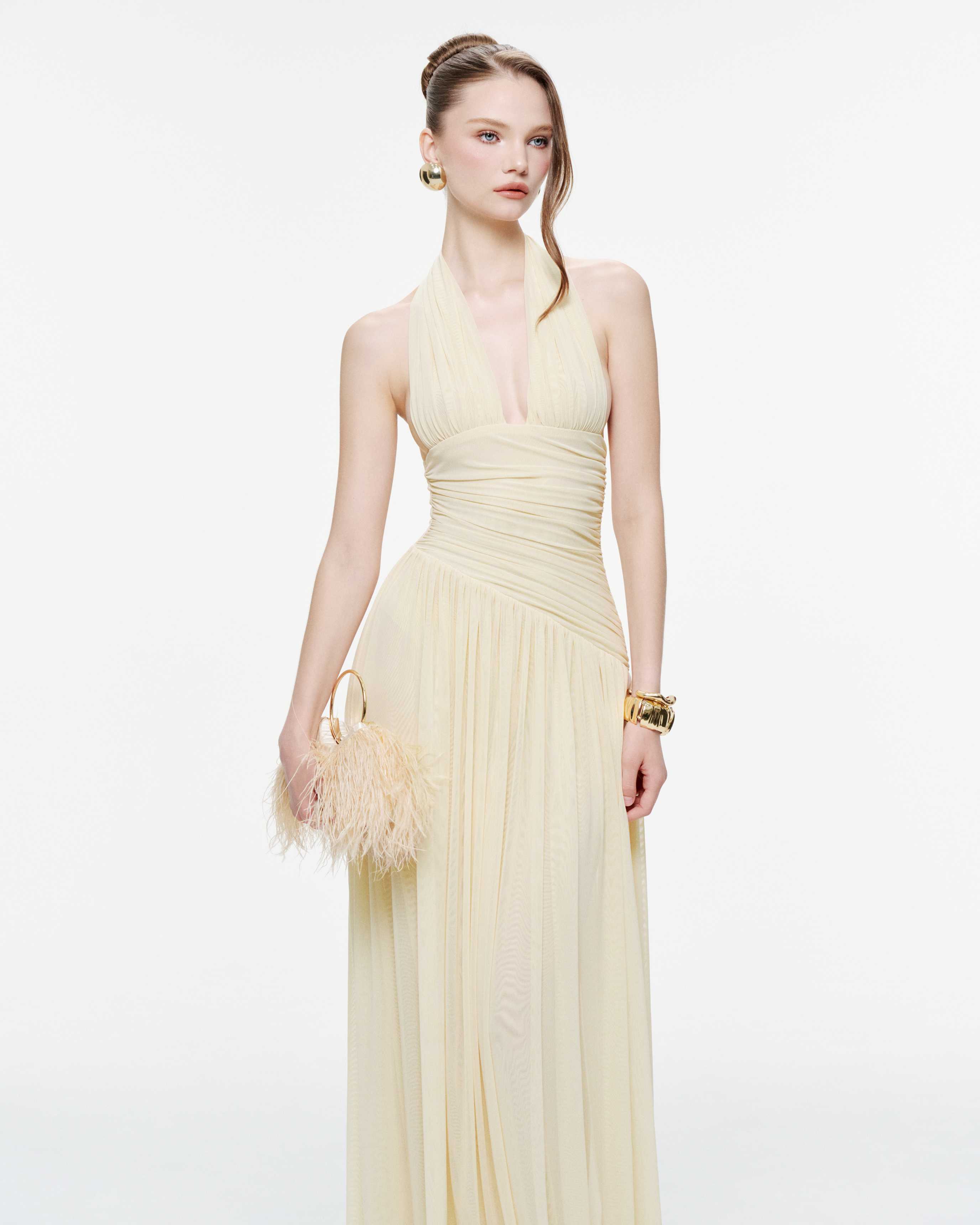 Ruched Stretch Mesh Maxi Dress With Neck Bow