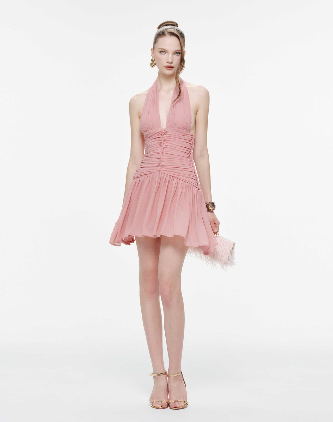 Ruched Stretch Mesh Mini Dress With Neck Bow