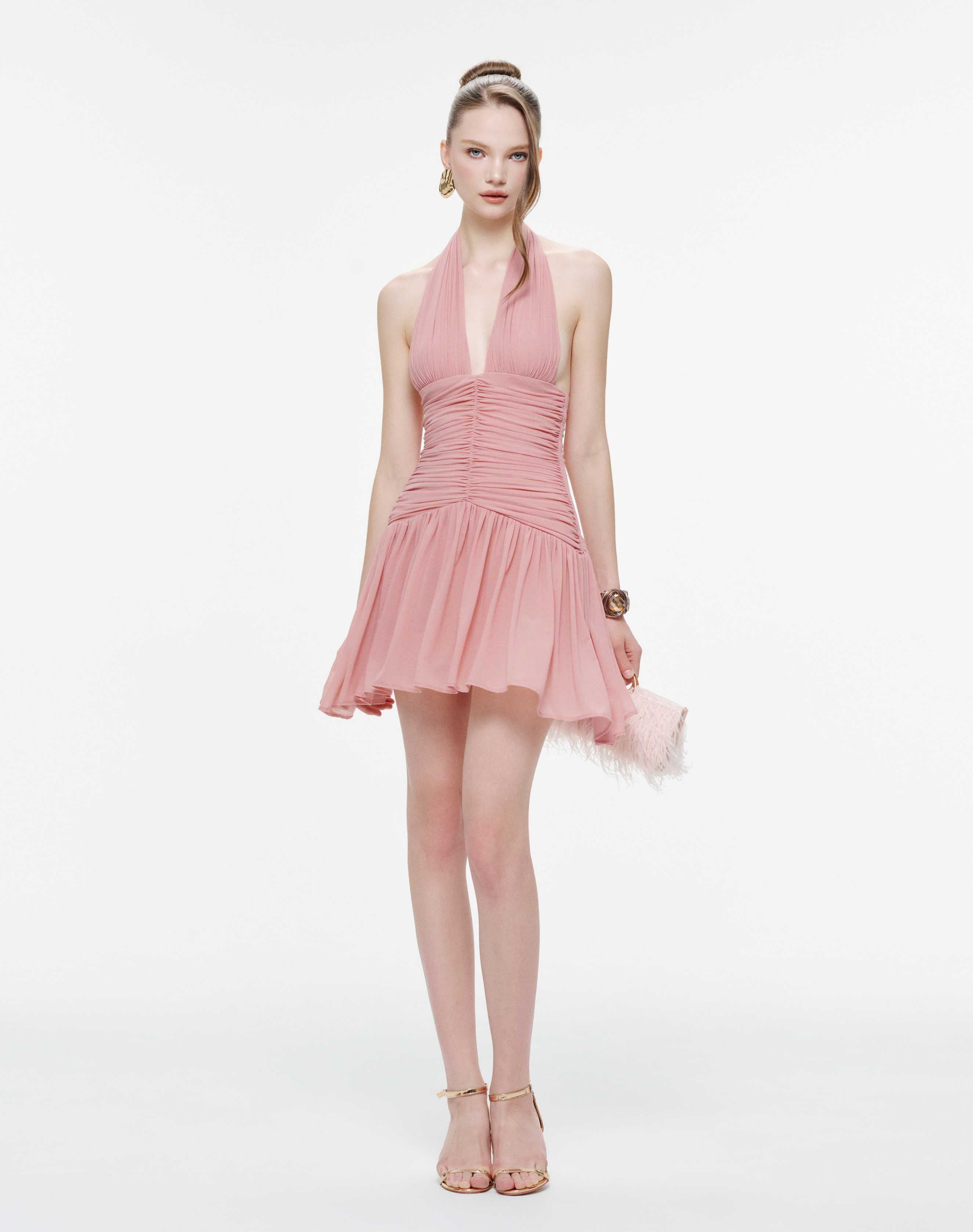 Ruched Stretch Mesh Mini Dress With Neck Bow