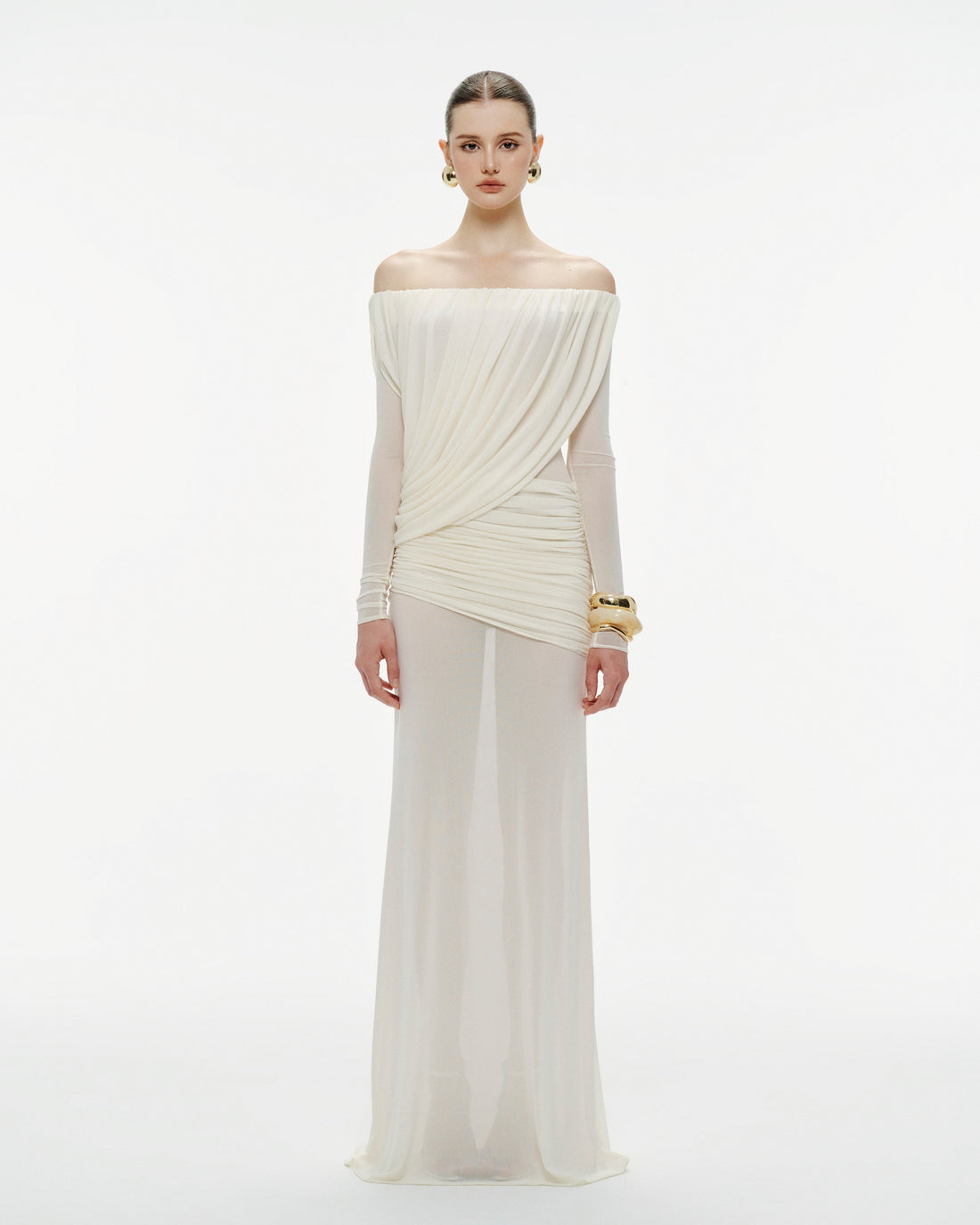 Off-Shoulder Draped Mesh Dress