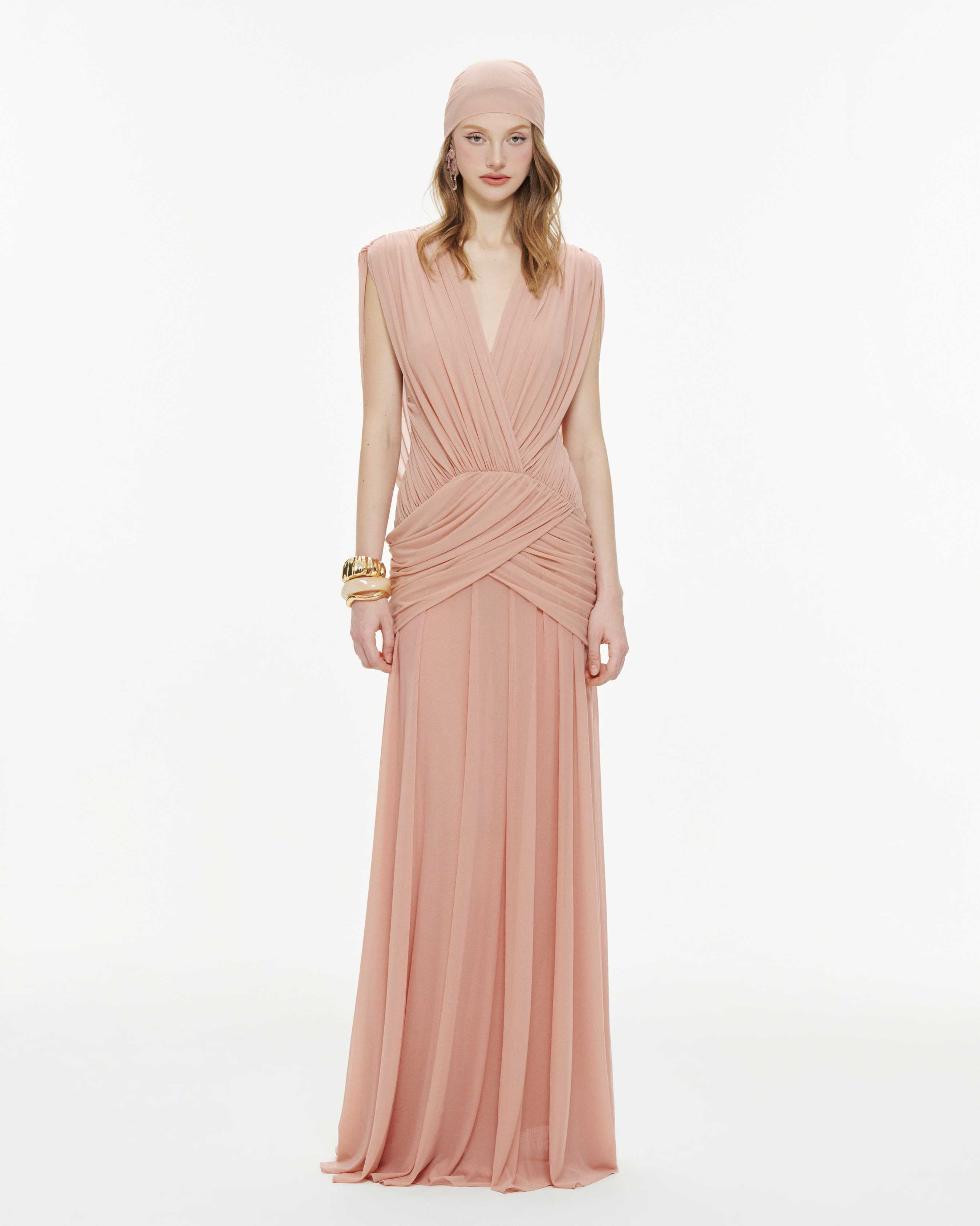 V-Neck Ruched Stretch Mesh Dress