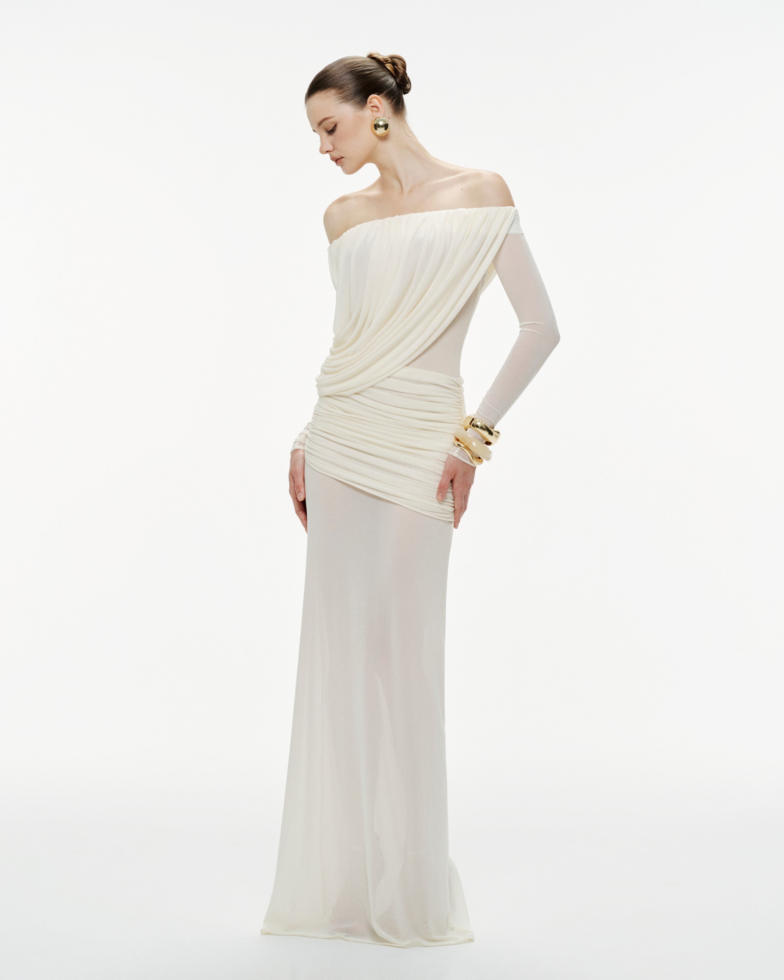 Off-Shoulder Draped Mesh Dress