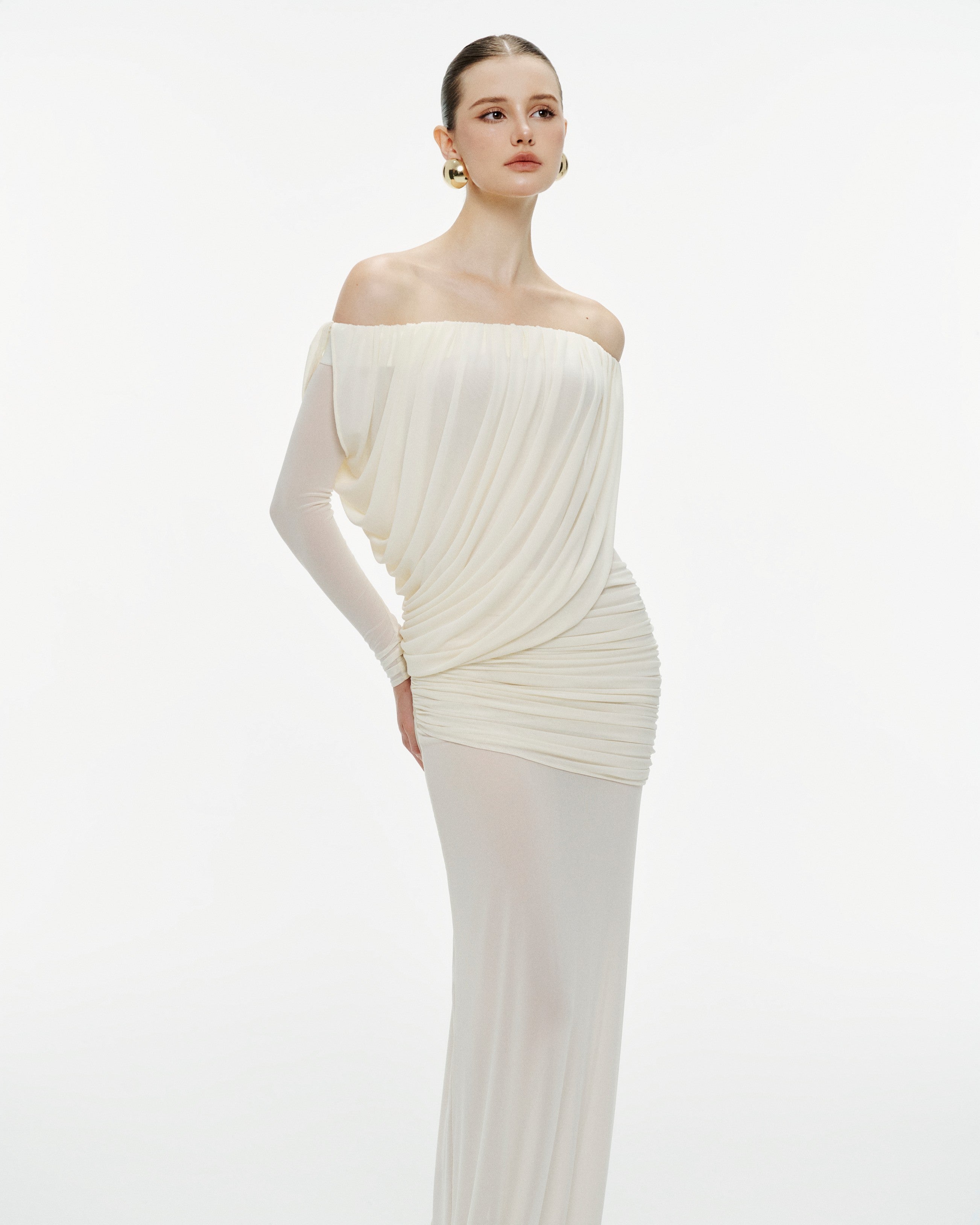 Off-Shoulder Draped Mesh Dress