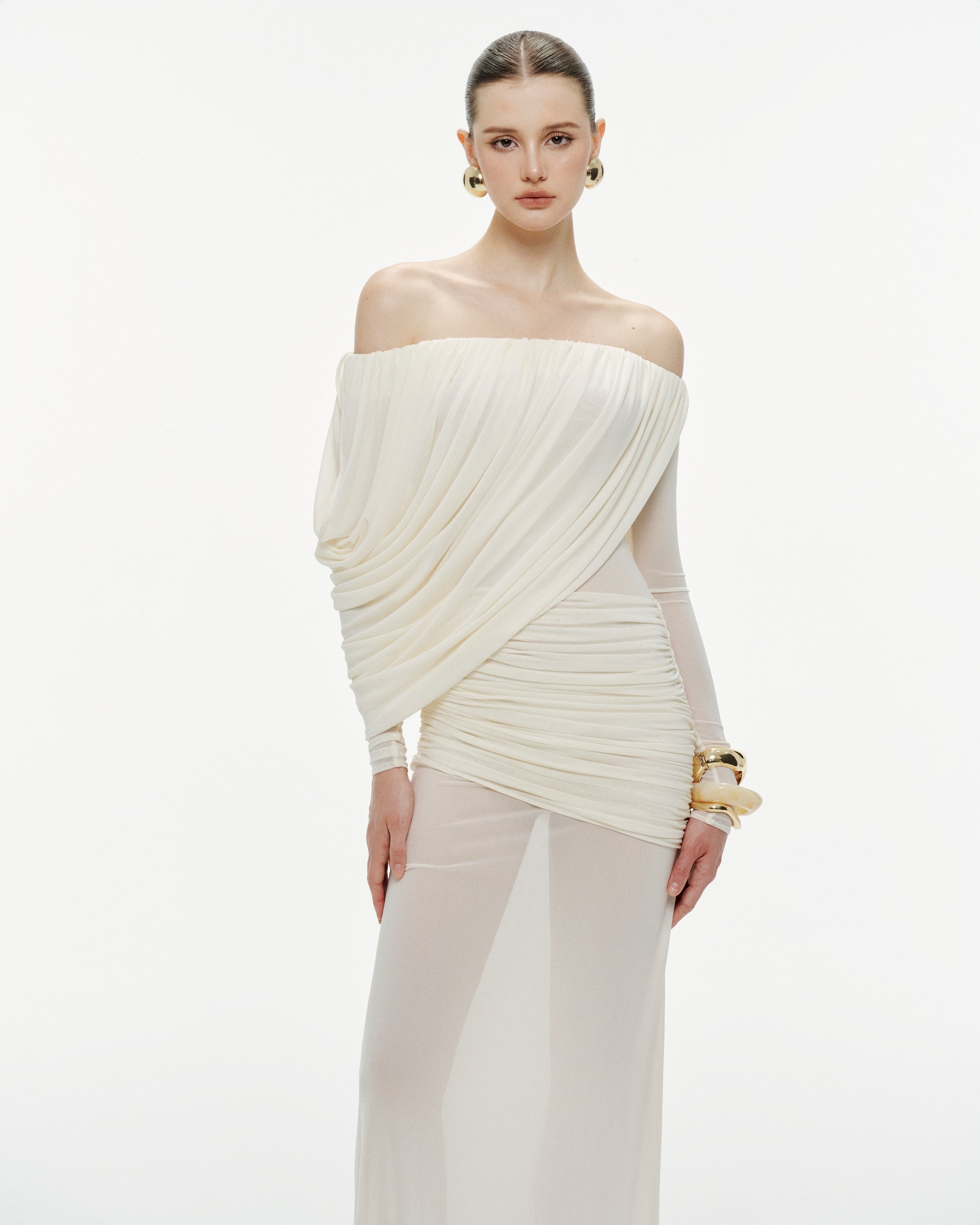 Off-Shoulder Draped Mesh Dress