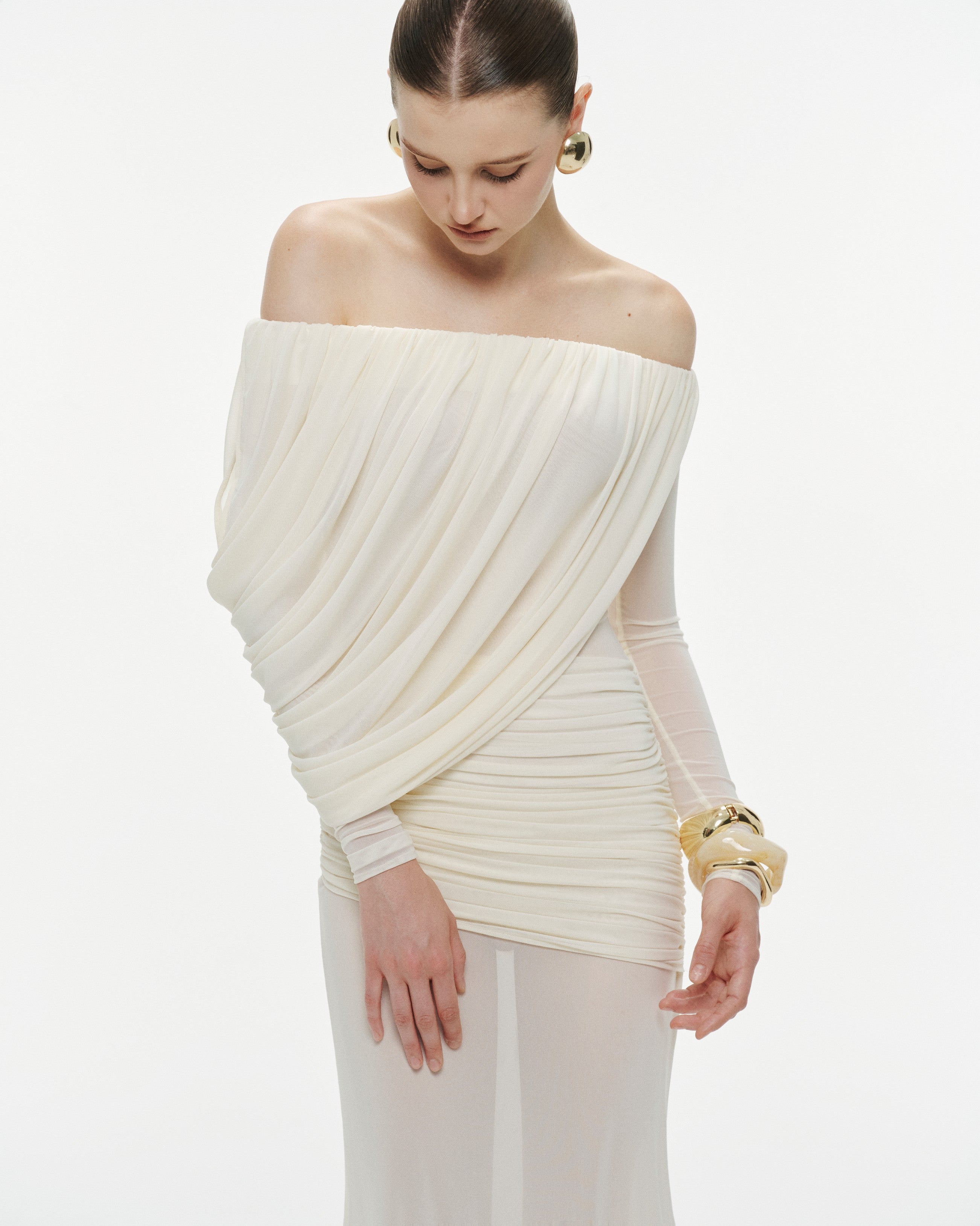 Off-Shoulder Draped Mesh Dress