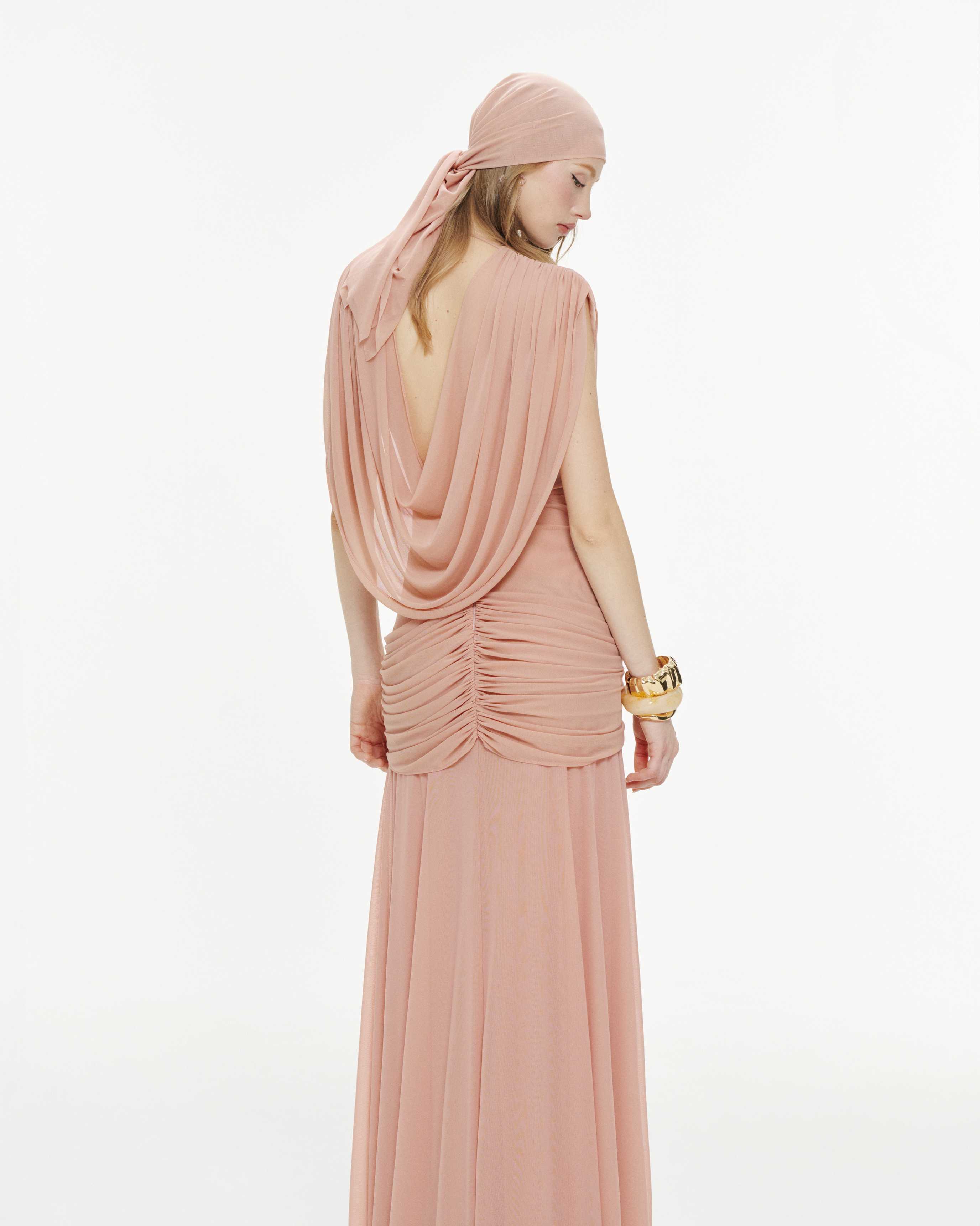 V-Neck Ruched Stretch Mesh Dress