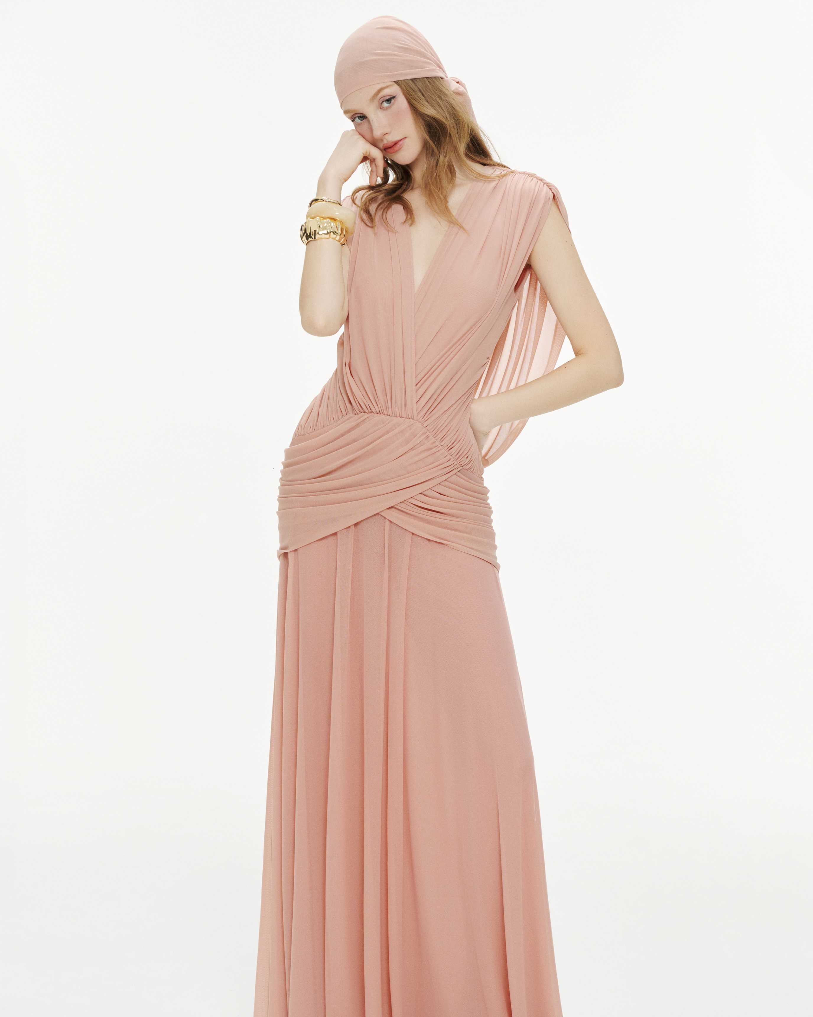 V-Neck Ruched Stretch Mesh Dress