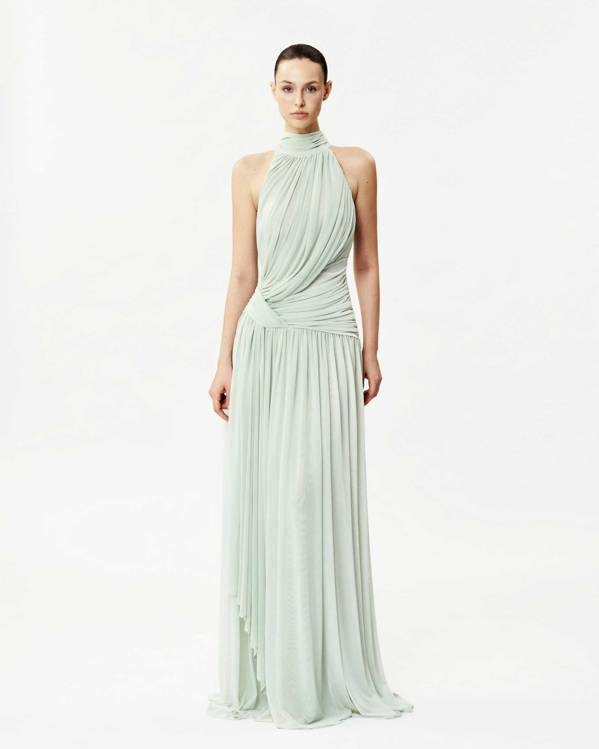 High-Neck Curved Pleated Mesh Dress