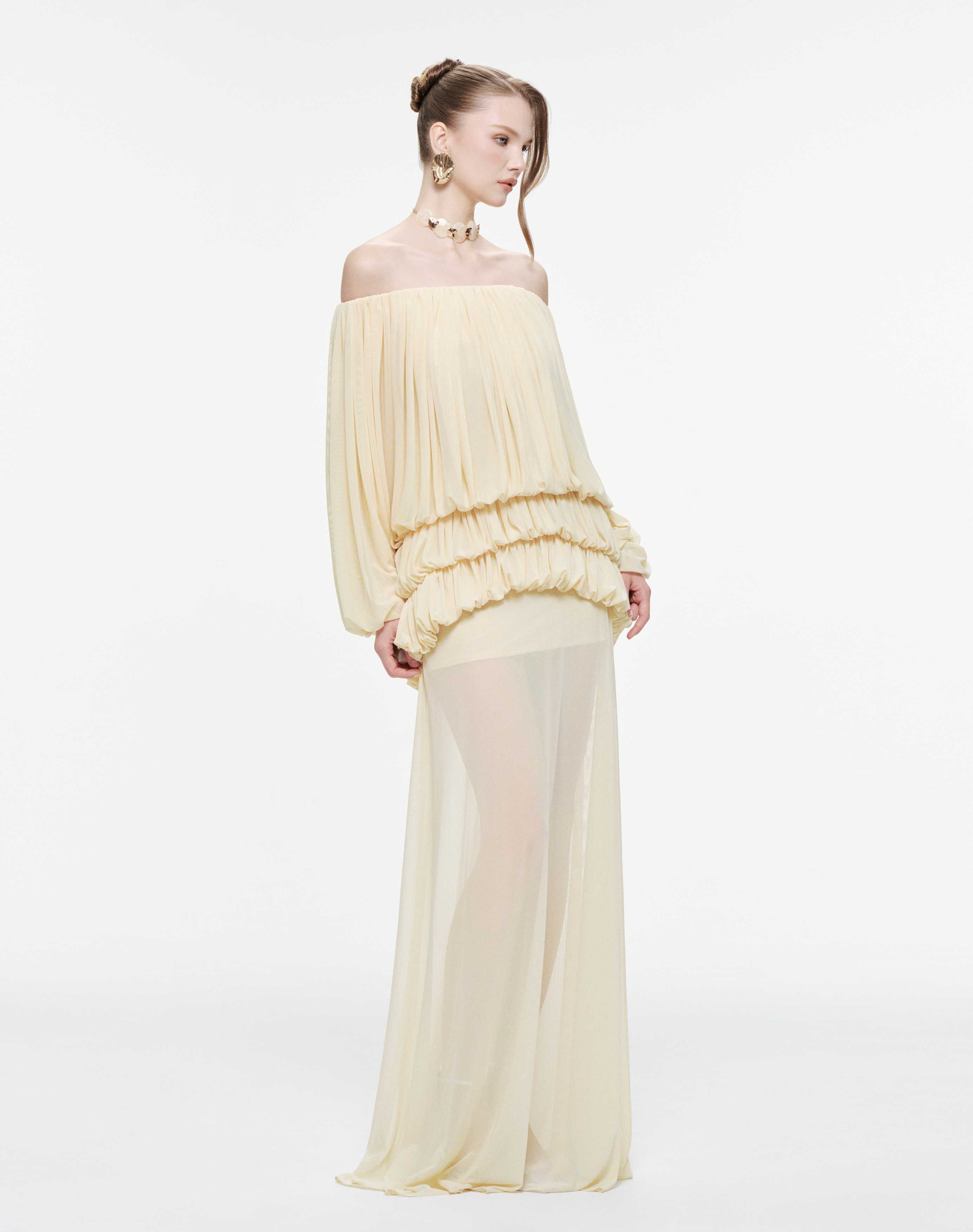 Off-Shoulder Ruched Stretch Mesh Set (Top & Skirt)