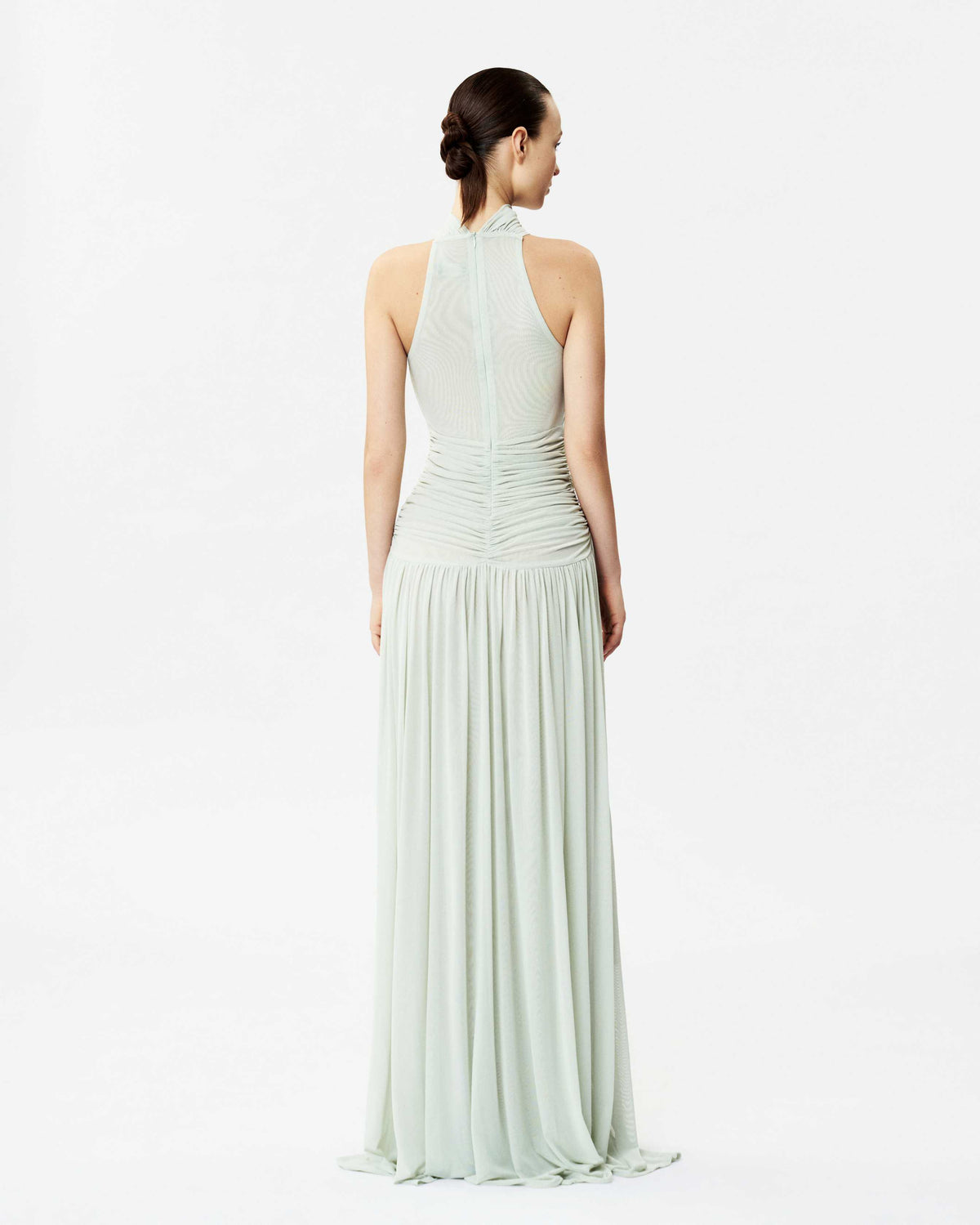 High-Neck Curved Pleated Mesh Dress