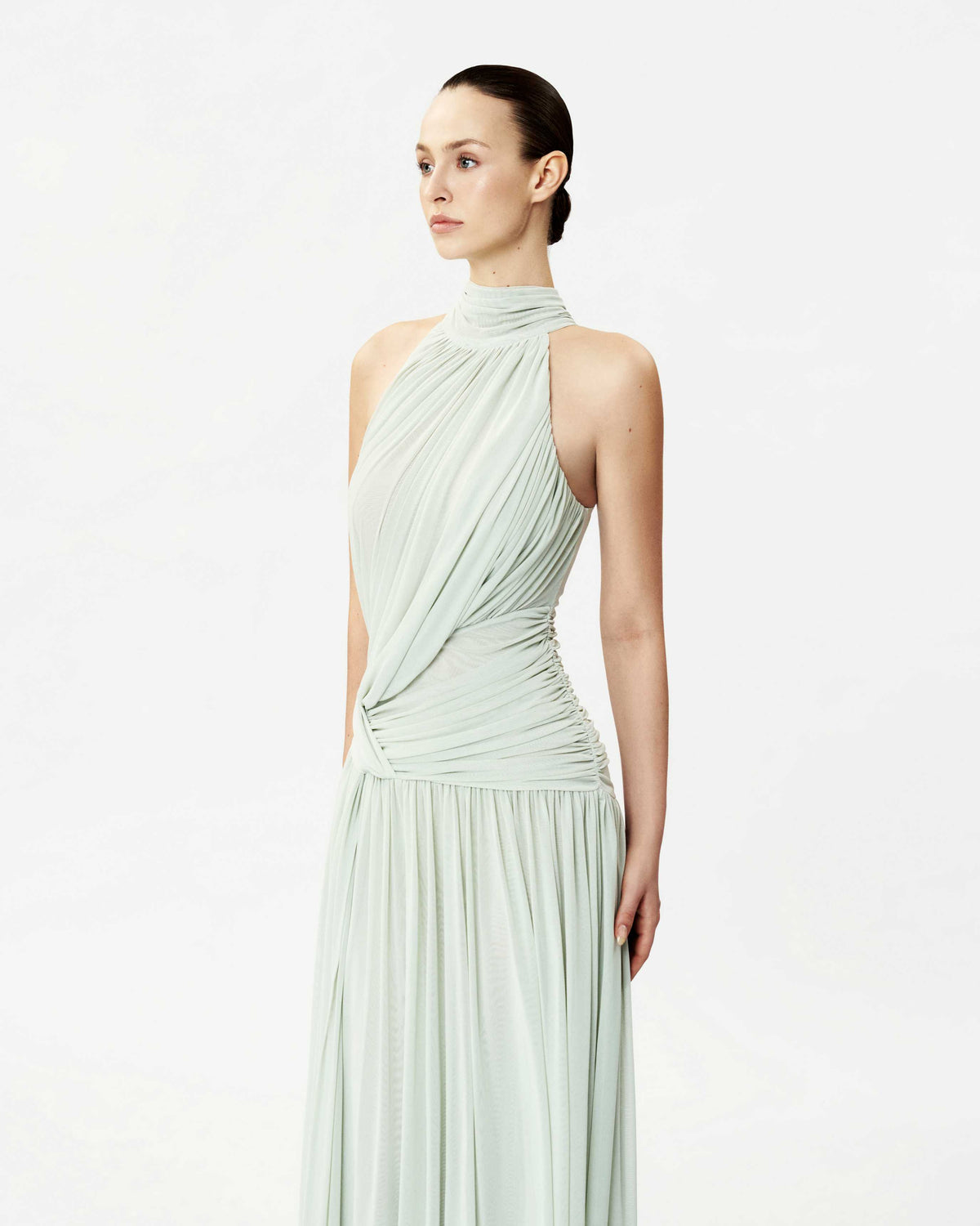 High-Neck Curved Pleated Mesh Dress