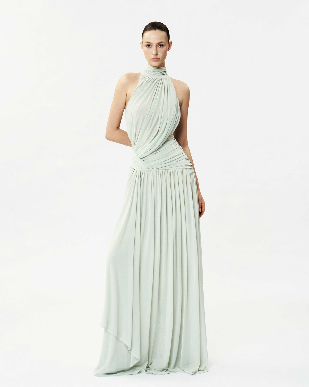 High-Neck Curved Pleated Mesh Dress