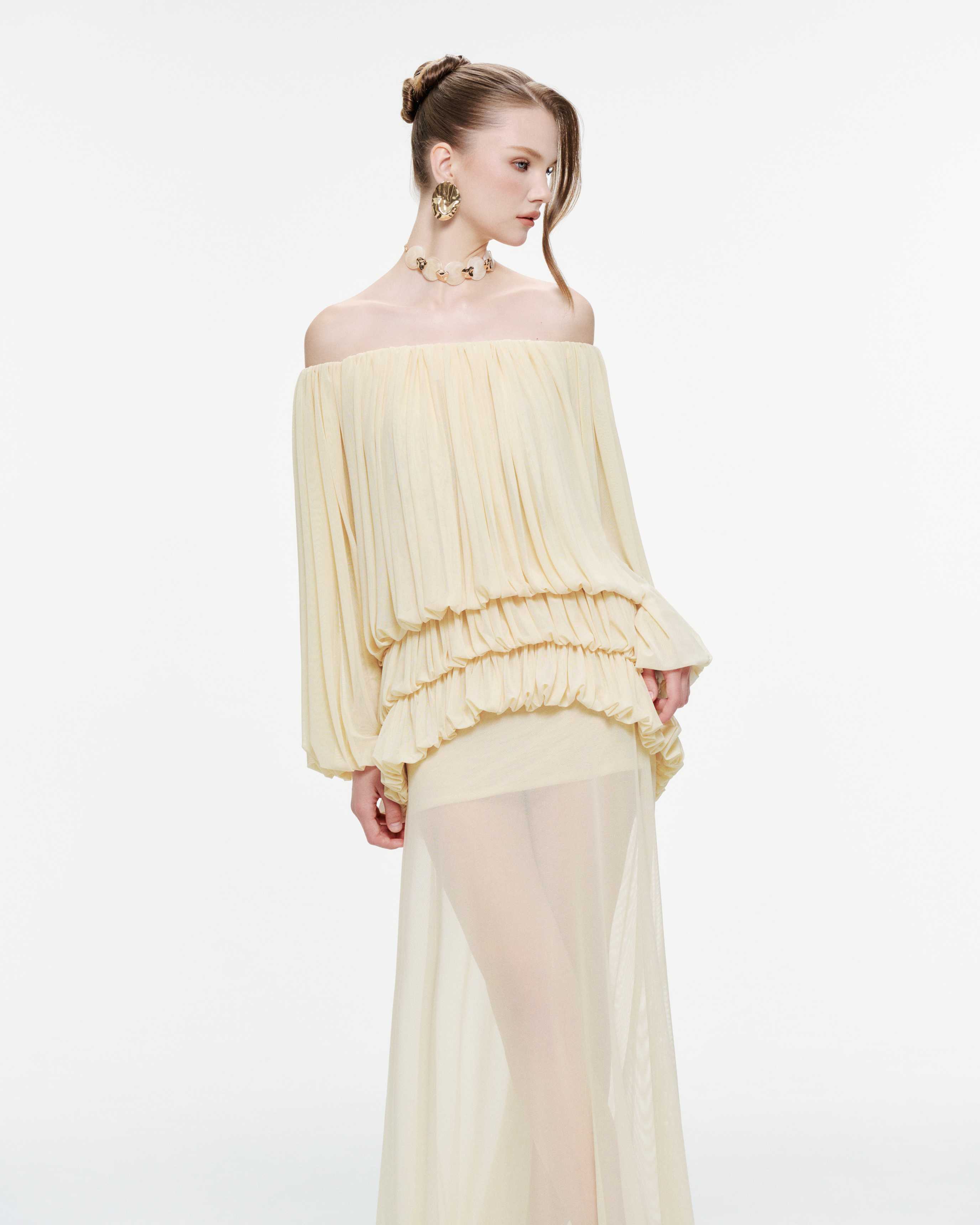 Off-Shoulder Ruched Stretch Mesh Set (Top & Skirt)
