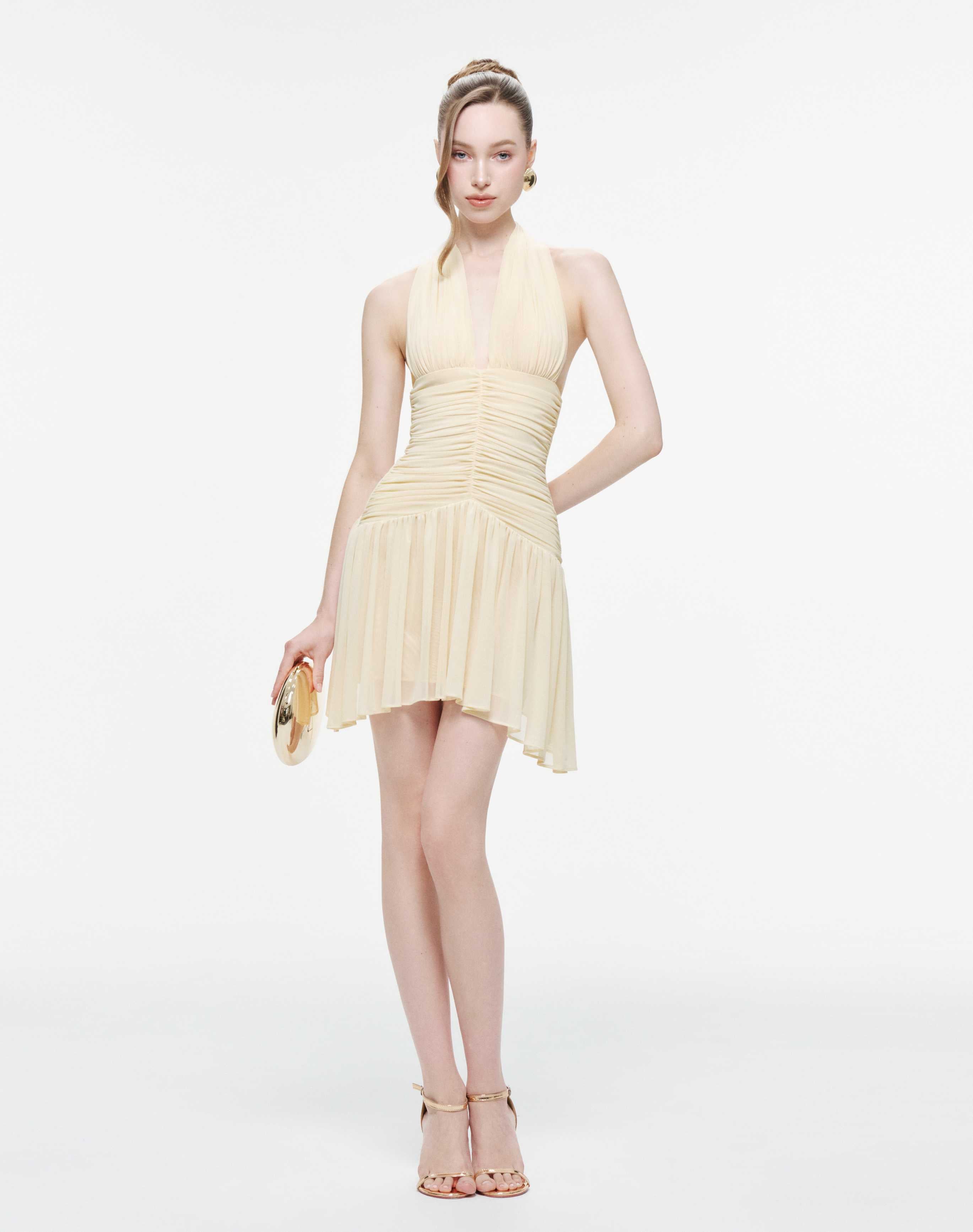 Ruched Stretch Mesh Mini Dress With Neck Bow
