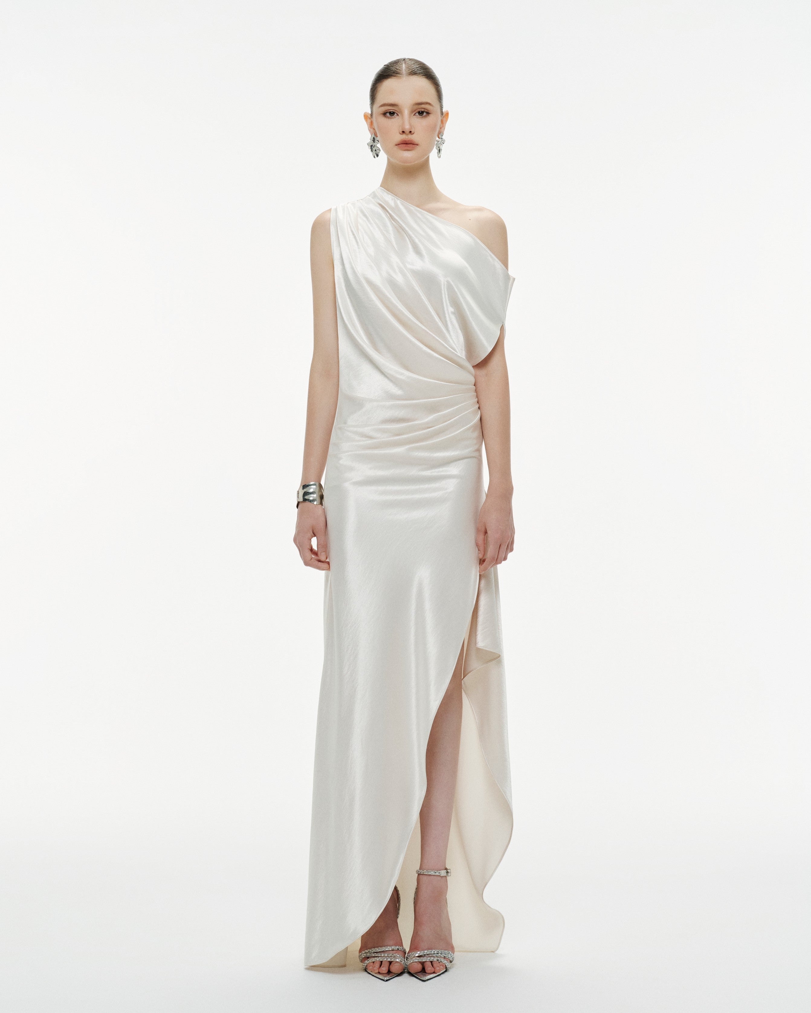 One-Shoulder Pleated Silk Dress