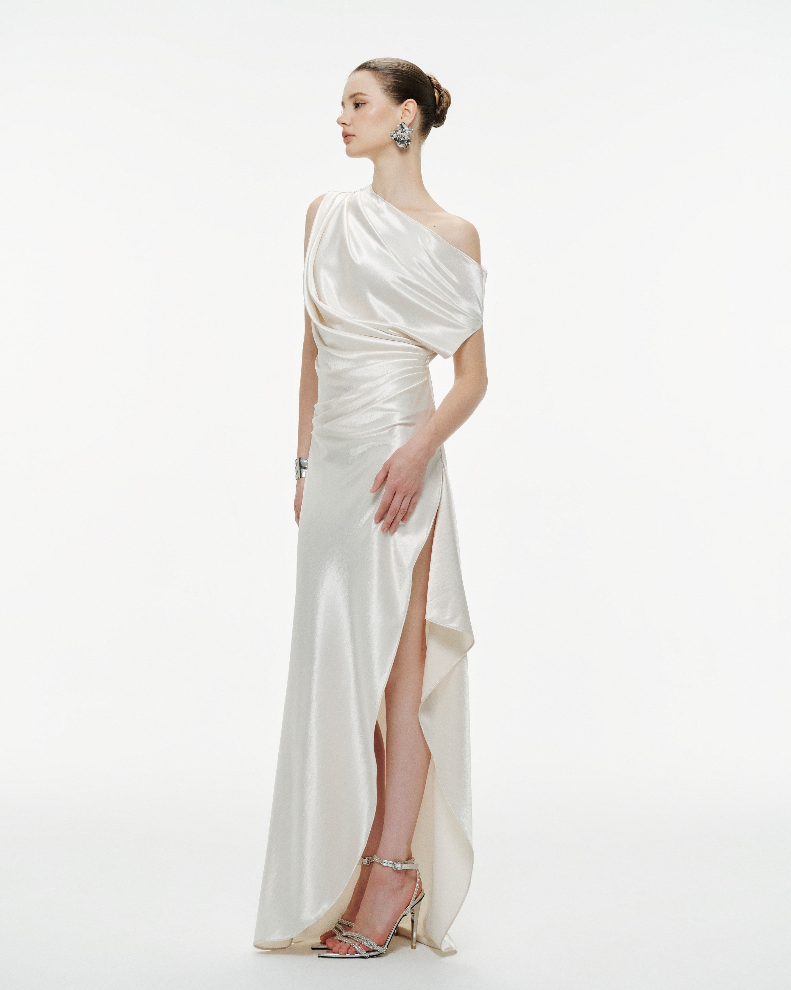 One-Shoulder Pleated Silk Dress