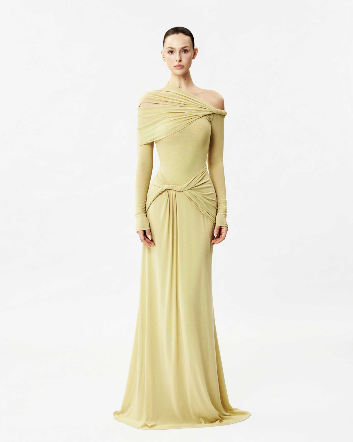 Long-Sleeve One-Shoulder Twist Mesh Dress
