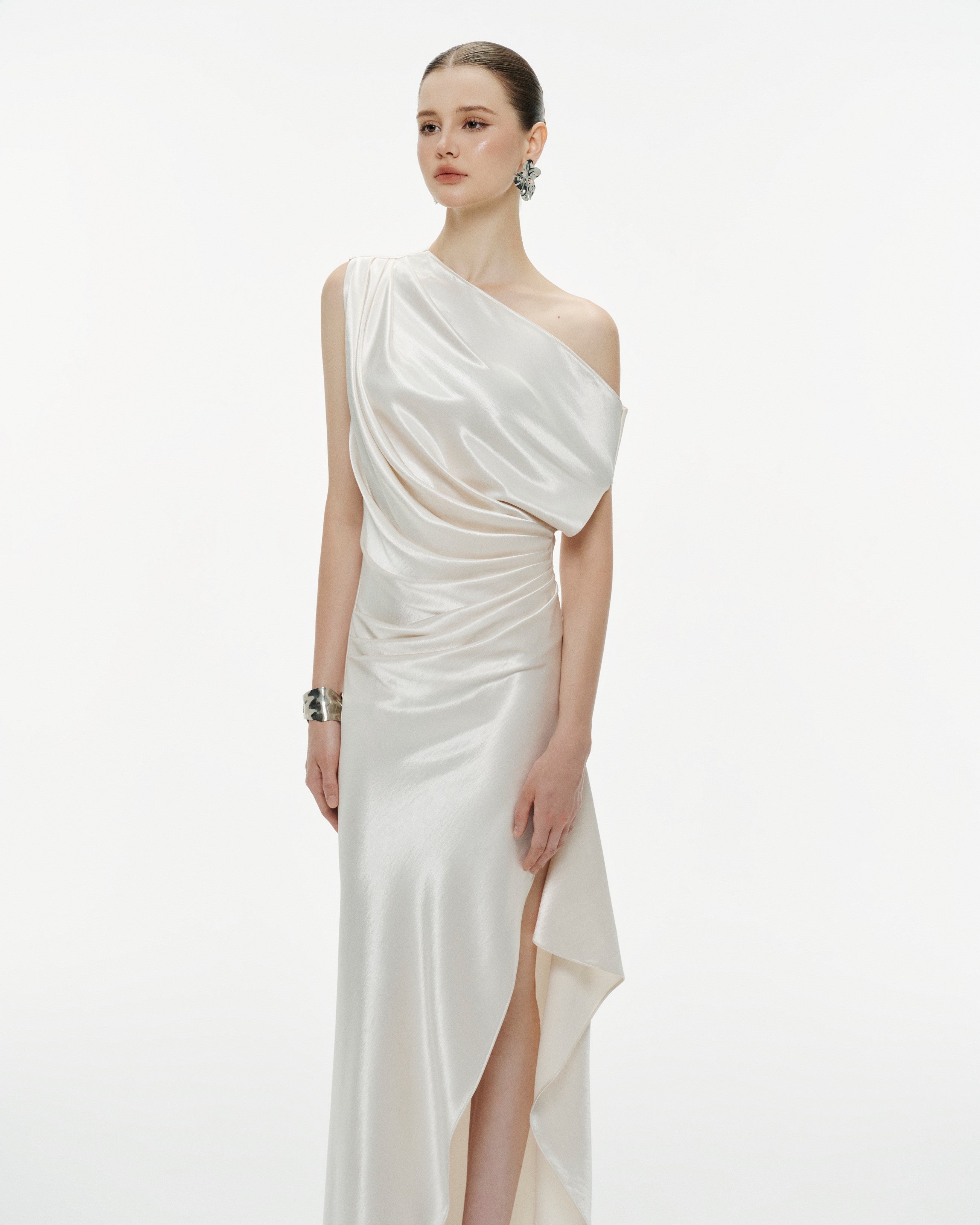 One-Shoulder Pleated Silk Dress