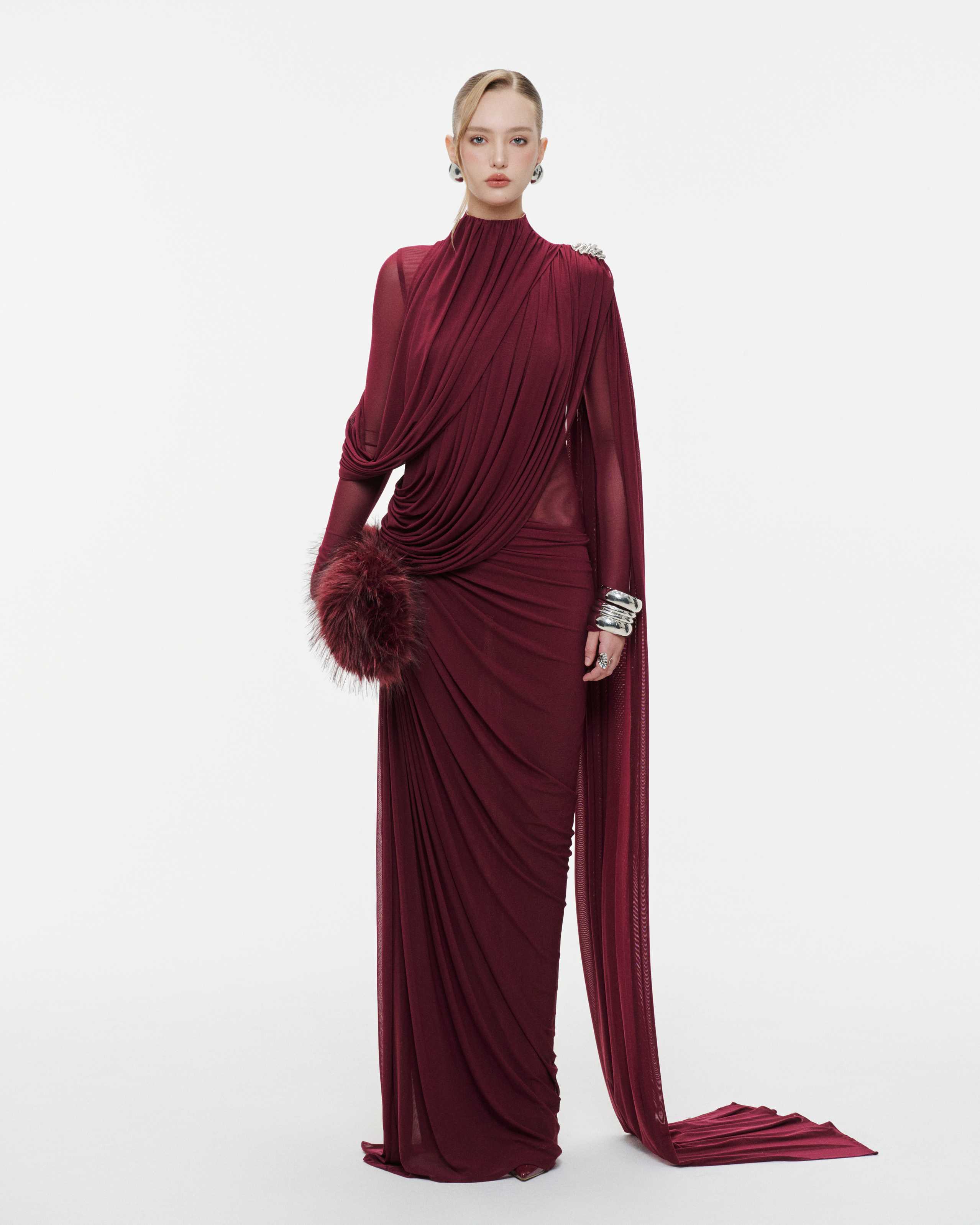 High-Neck Draped Pleated Dress With Asymmetric Ruched Long Drape