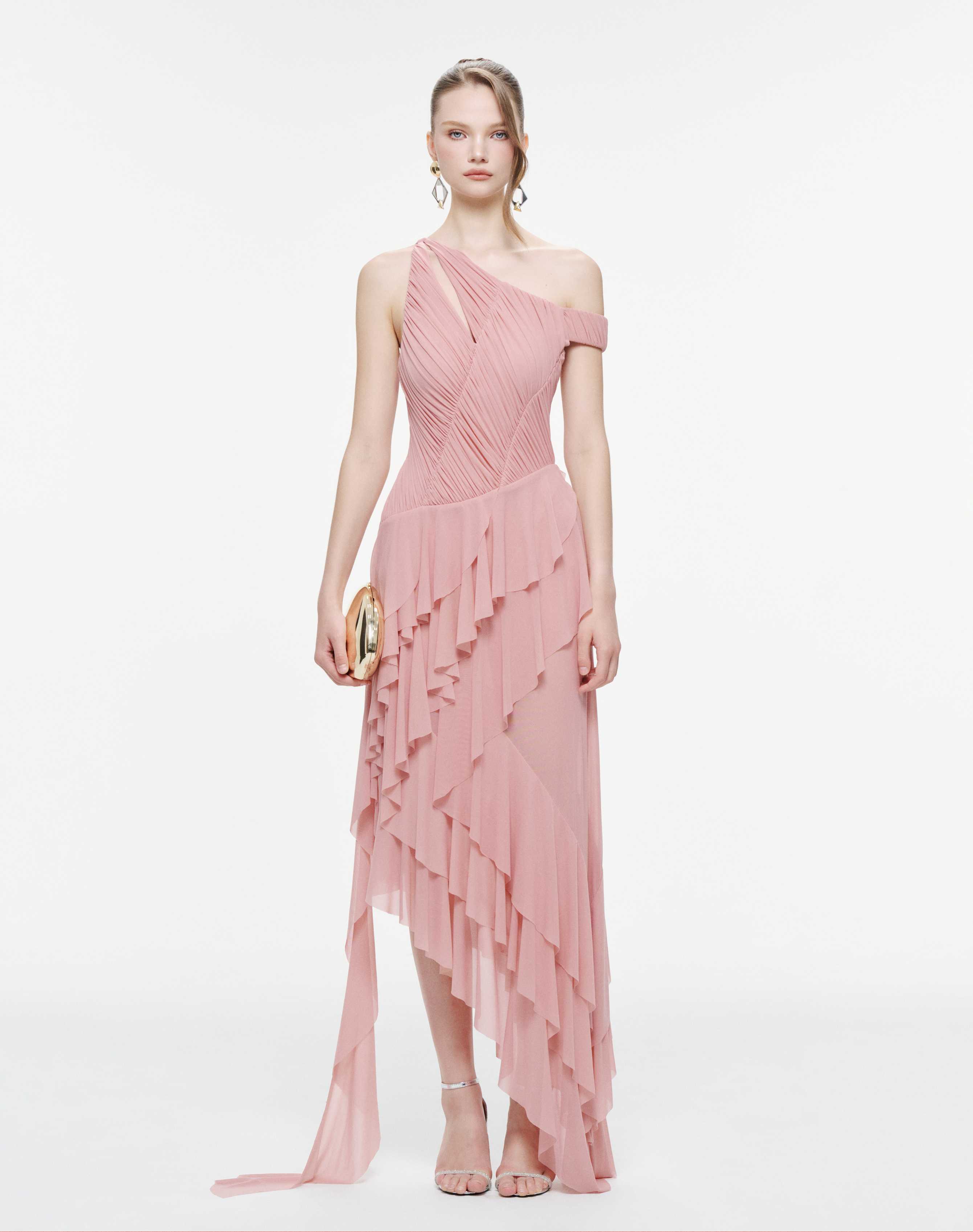 One-Shoulder Stretch Mesh Asymmetric Ruffle Dress