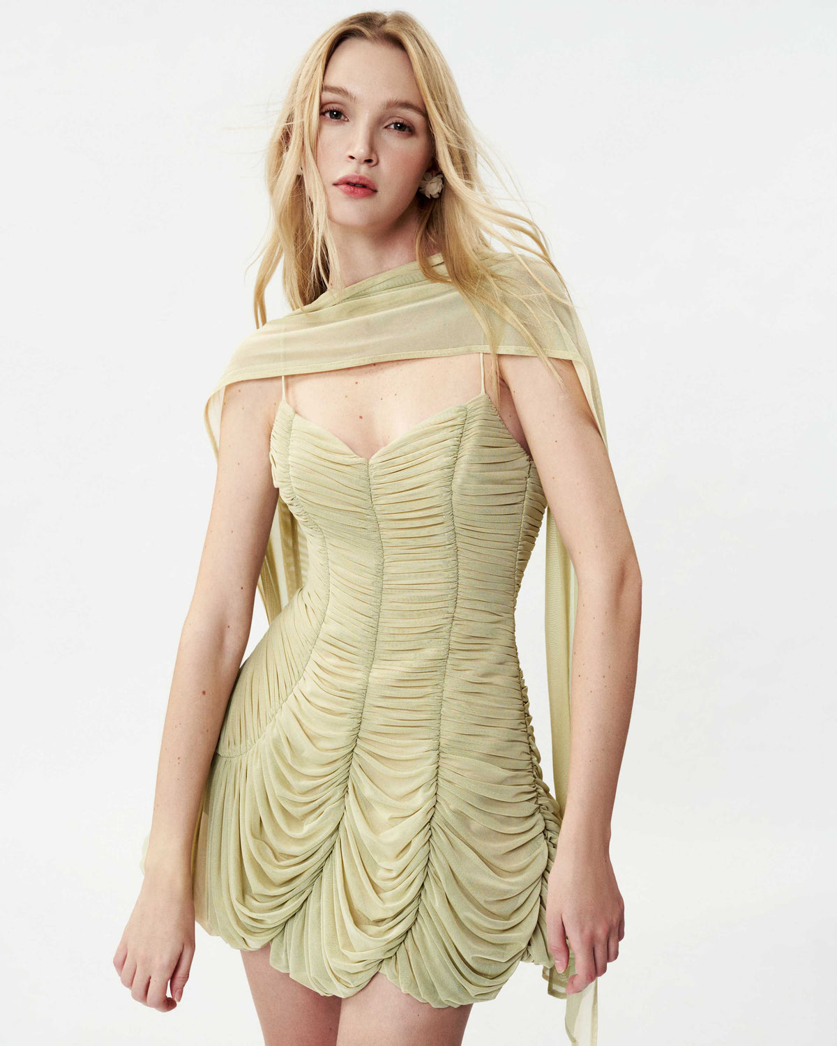 Ruched Mesh Petal Dress With Scarf