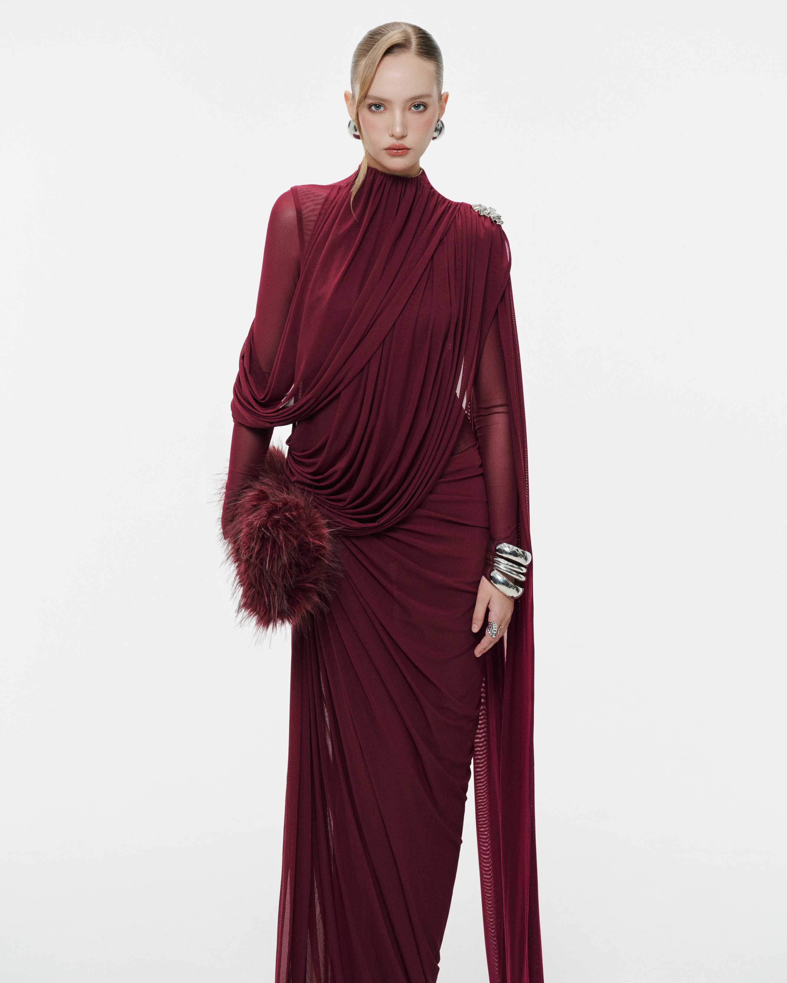 High-Neck Draped Pleated Dress With Asymmetric Ruched Long Drape
