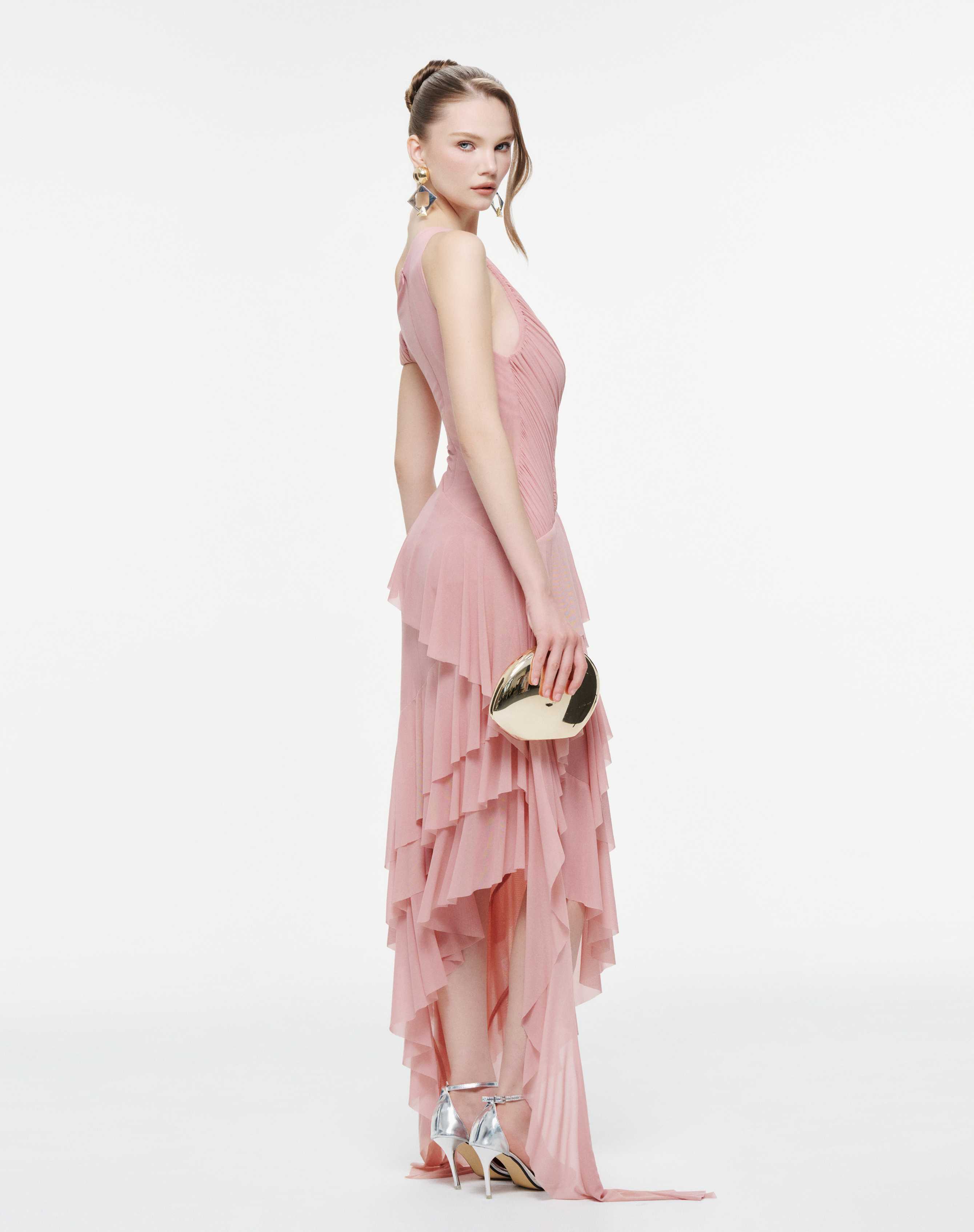 One-Shoulder Stretch Mesh Asymmetric Ruffle Dress