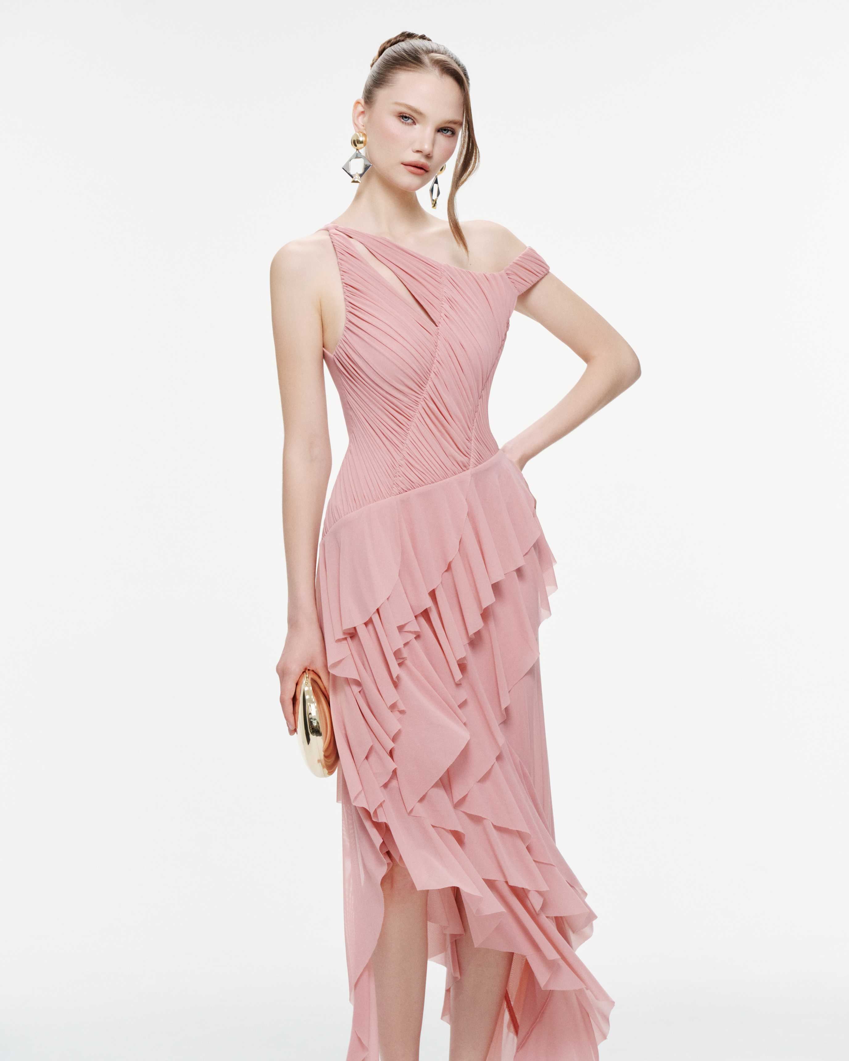 One-Shoulder Stretch Mesh Asymmetric Ruffle Dress