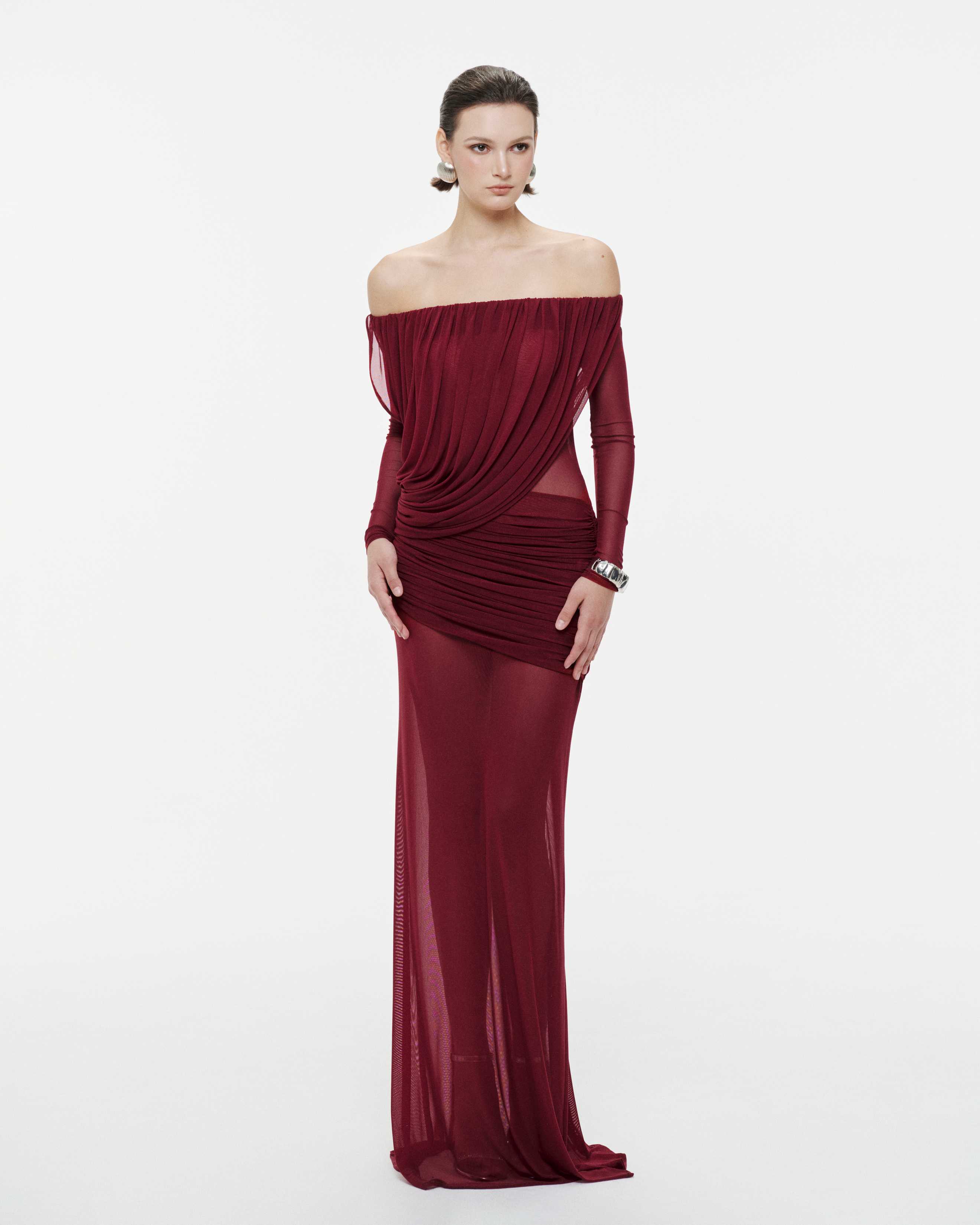 Off-Shoulder Draped Mesh Dress