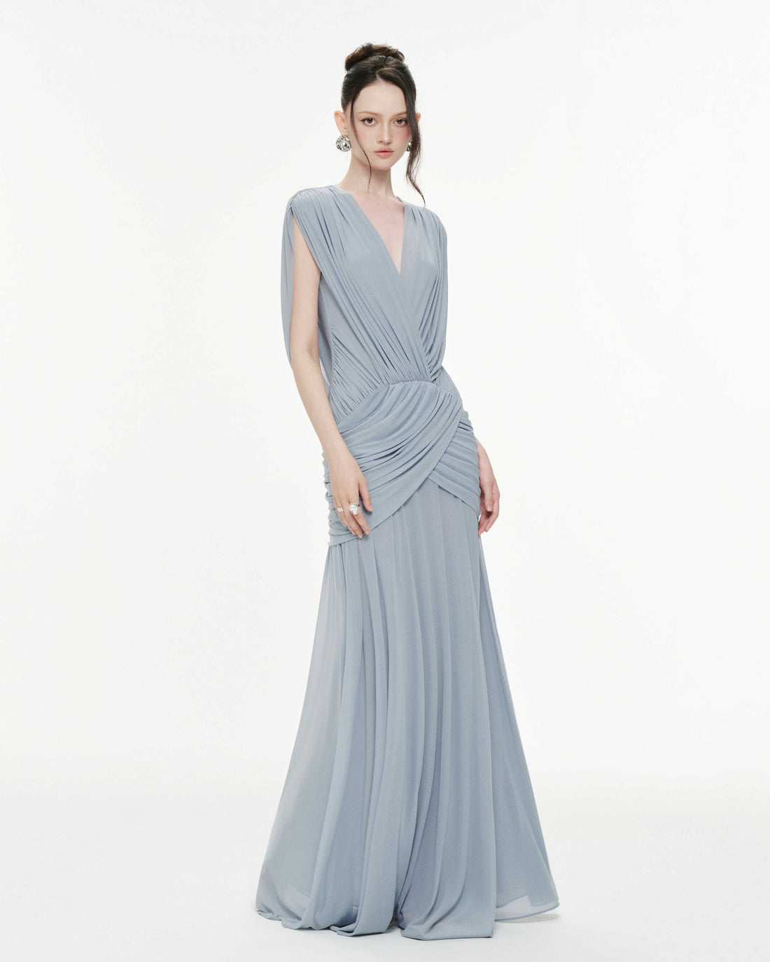 V-Neck Ruched Stretch Mesh Dress